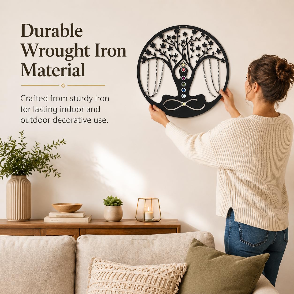 Decorazione da parete in metallo per yoga e meditazione nera, ideale come decorazione per la casa, per esterni, giardino, patio, soggiorno, camera da letto, collezione, per yoga, donna, 34 cm