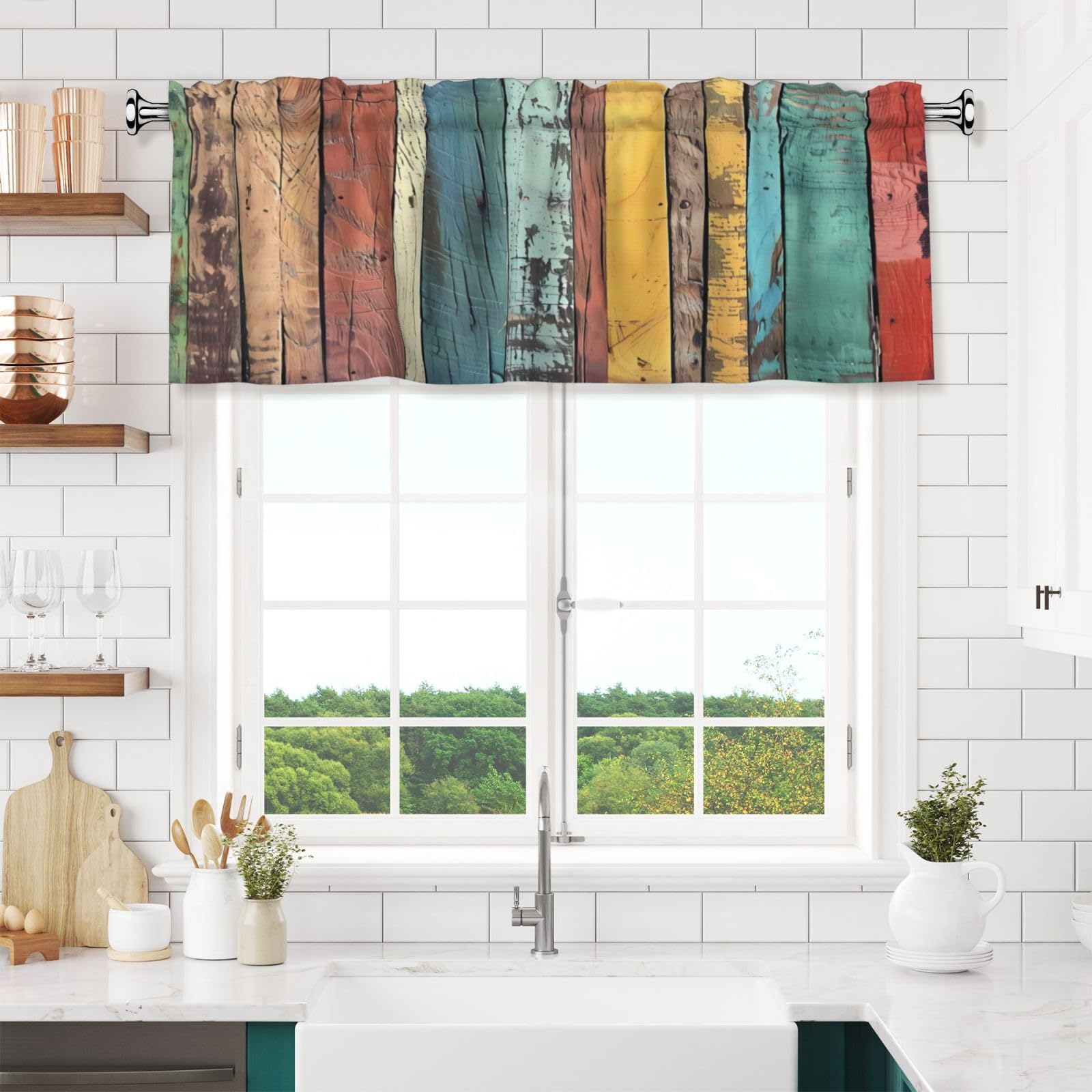 DXTKWL Valance for Windows Colorful Vintage Rustic Wooden Texture Rod Pocket Window Treatment Valances Short Curtains for Kitchen Living Room Bathroom