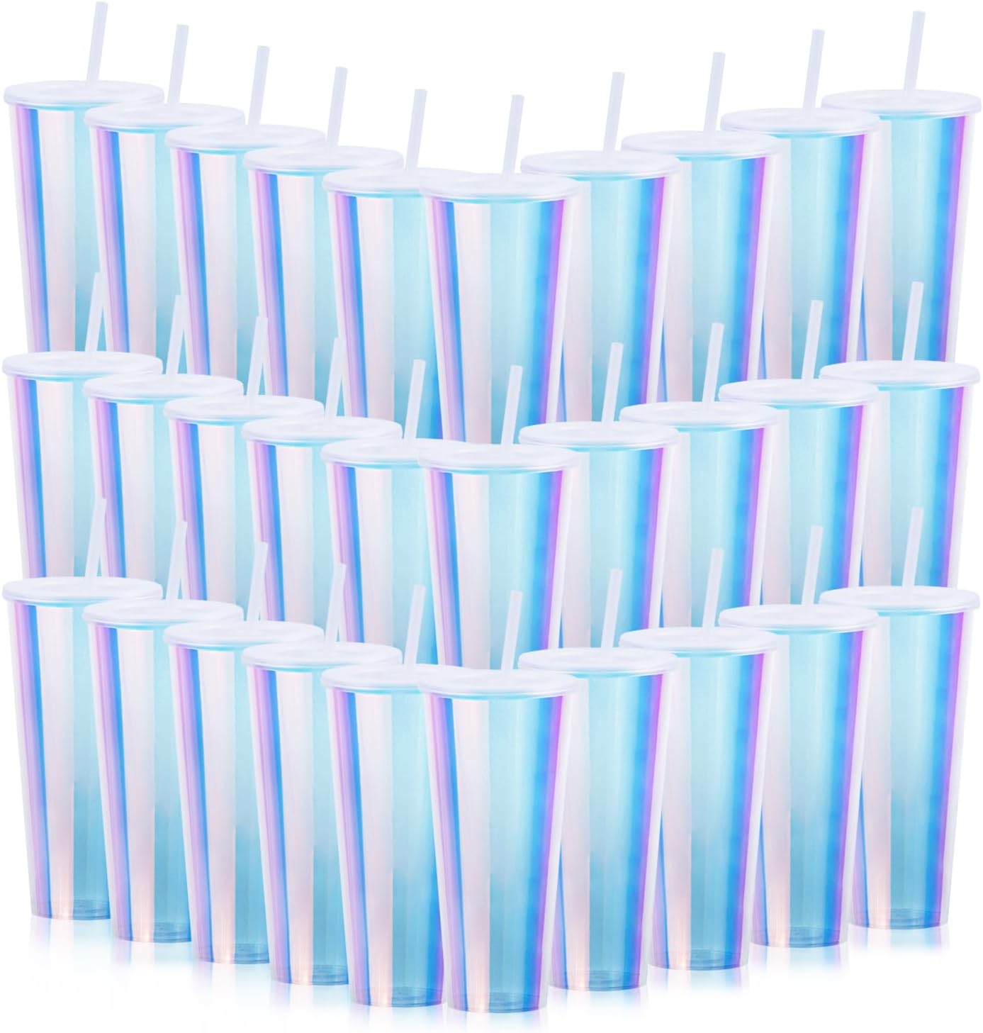 30 Pack Iridescent Plastic Cups with Lids and Straws, 24 oz Disposable Plastic Tumblers Iced Coffee Cups Travel Mug Cup for Juices Birthday Bachelorette Party Wedding (Iridescent,24 oz)