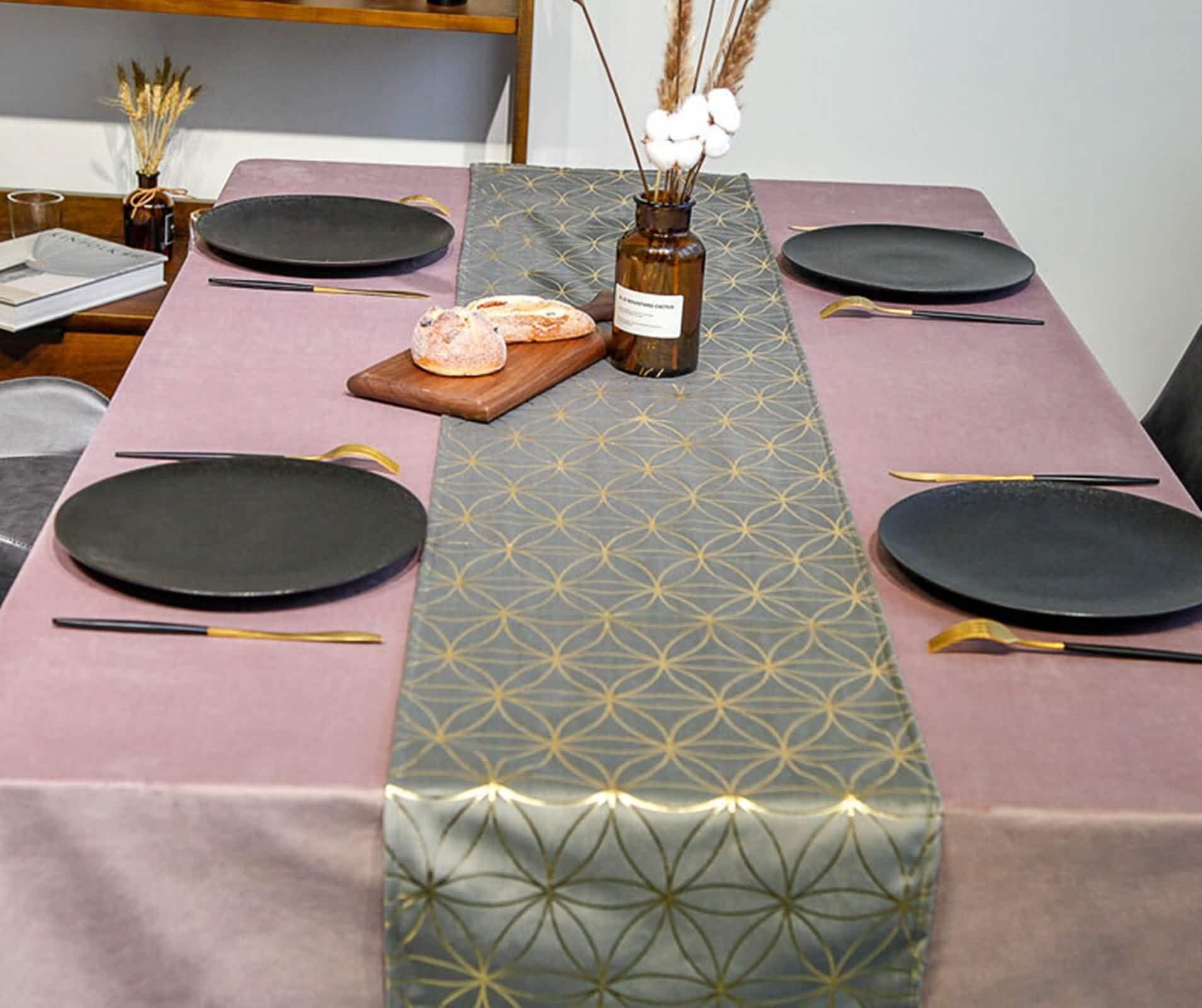 Kitchen Table Runner, Chemin de Table de Noel Grise Velours Or 32x240CM Fleur de Velours Vintage Deco Intérieure Extérieure
