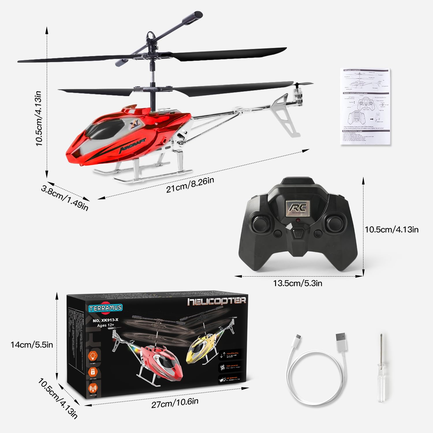 TERRAMUS Helicóptero para niños, helicópteros con giroscopio, Juguete de Interior de avión, Velocidad Alta y Baja, Regalo para niños y Adultos Principiantes