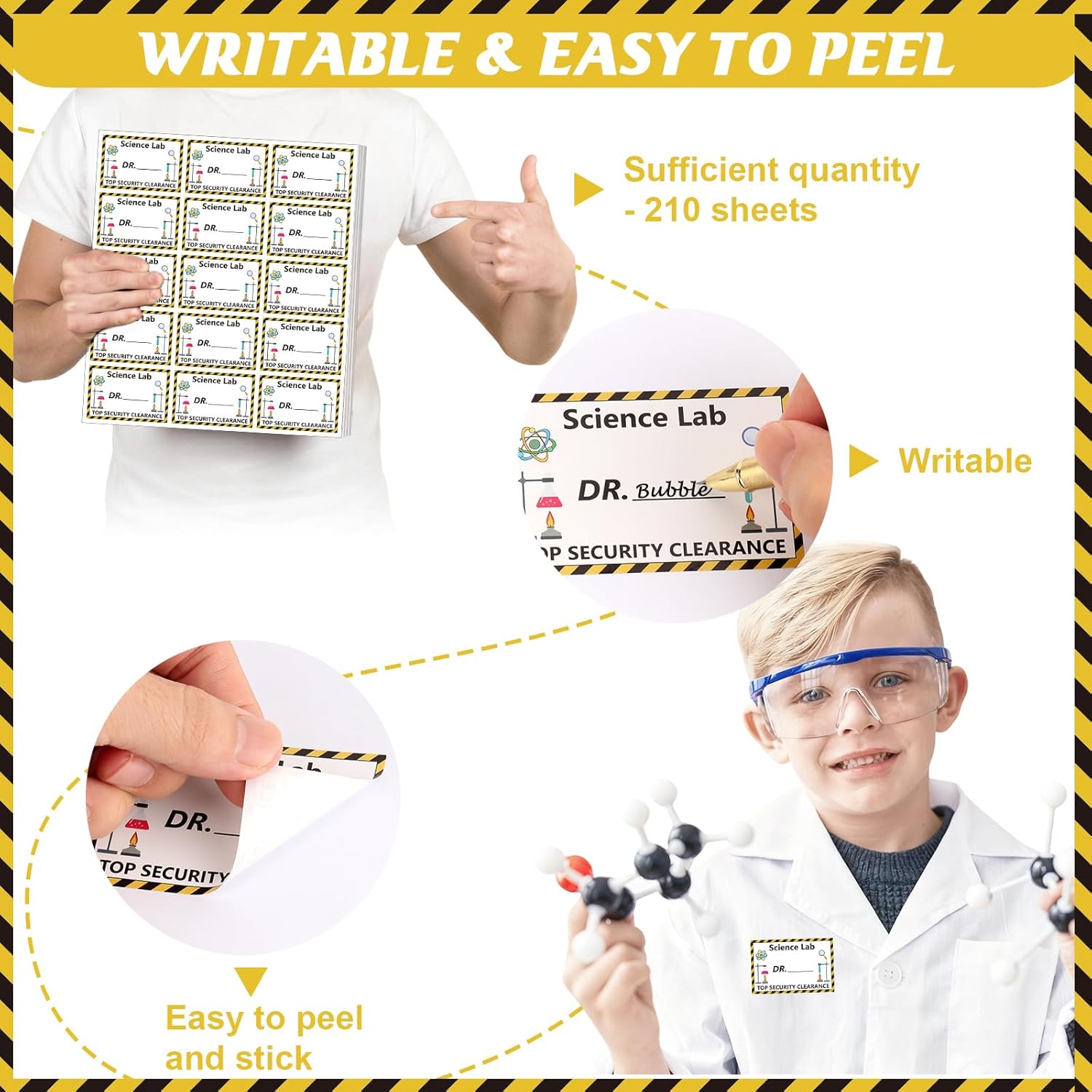 210 PCS Mad Scientist Lab Props Science Stickers Pack Science Name Badge Scientist Sign Scientist Role Play Set for Theme Party Decoration Favors and Decor (Science Themed) - Image 3