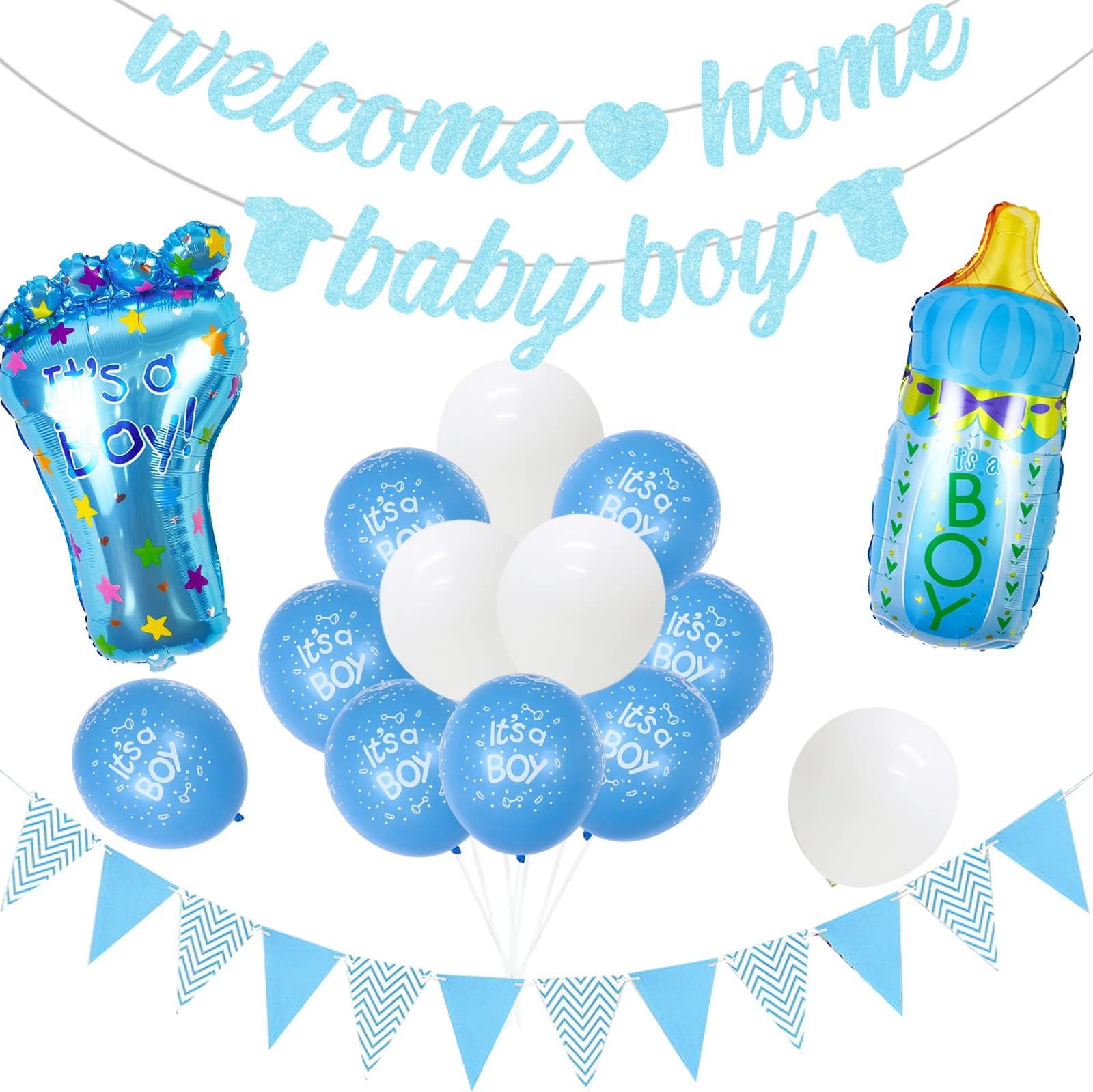 JOYMEMO Welcome Home Baby Boy Party Decoration, Blue Gender Reveal Decoration with Glitter Banner/Baby Bottle, Foot-shaped Foil Balloons, for Newborn Baby Boy Welcome Party, Christening Party