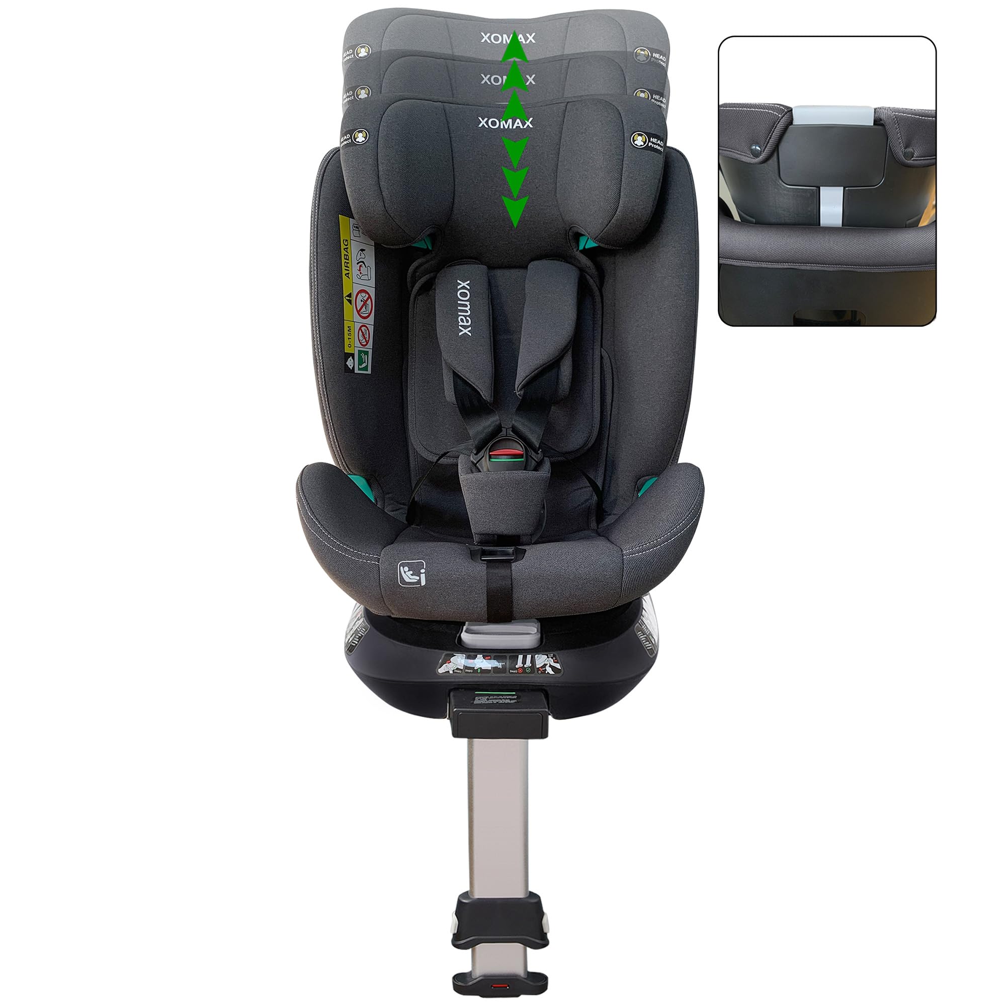 XOMAX G409 Kindersitz drehbar 360°, Standfuß, ISOFIX I mitwachsend I 0-36 kg, 0-12 Jahre, Gruppe 0+/1/2/3, 5-Punkt-Gurt, 3-Punkt-Gurt I Bezug waschbar I ECE R129 (Grau)