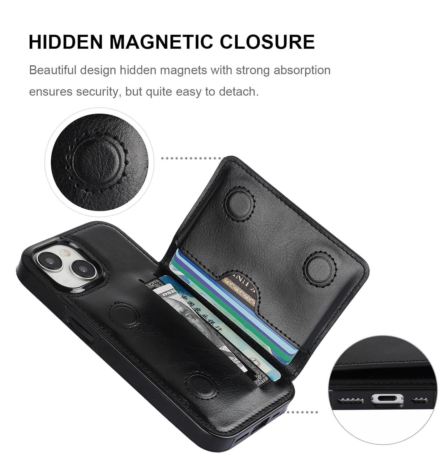 KIHUWEY Compatible with iPhone 15 Wallet Case Credit Card Holder, Premium Leather Kickstand Flip Hidden Magnetic Clasp Durable Shockproof Protective Cover for iPhone 15 6.1 inch (Black) - Image 7