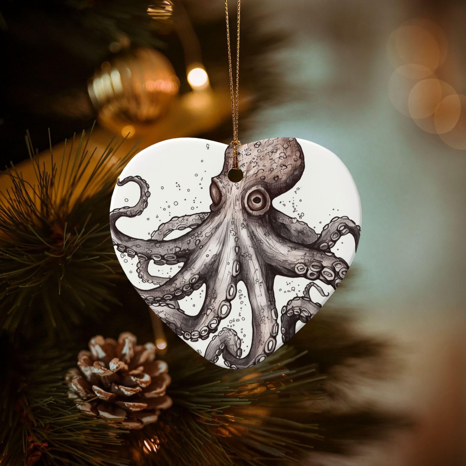 Christmas Ornaments for Christmas Tree Decoration Hanging Octopus Ornament with Gold Ribbon Crafts Heart Shape Ceramic Pendant for Keepsake Gifts Xmas Decor Party Supplies