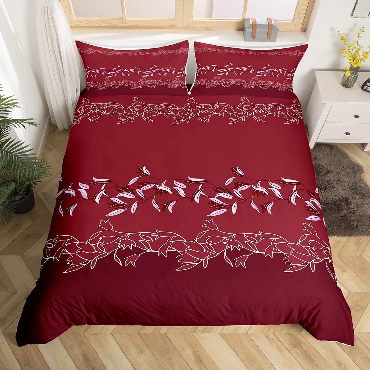 Loussiesd Wine Red Comforter Cover Cot Size Embroidered Floral Bedding Set Jacquard Decorative 2 Pieces European Duvet Cover Set Women Bedspread Cover With 1 Pillowcase Microfiber Zipper