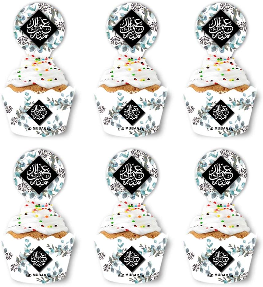 SWYOUN24sets Eid Mubarak Cupcake Wrappers and Toppers Ramadan Party Supplies Eid Party Decoration(Black)