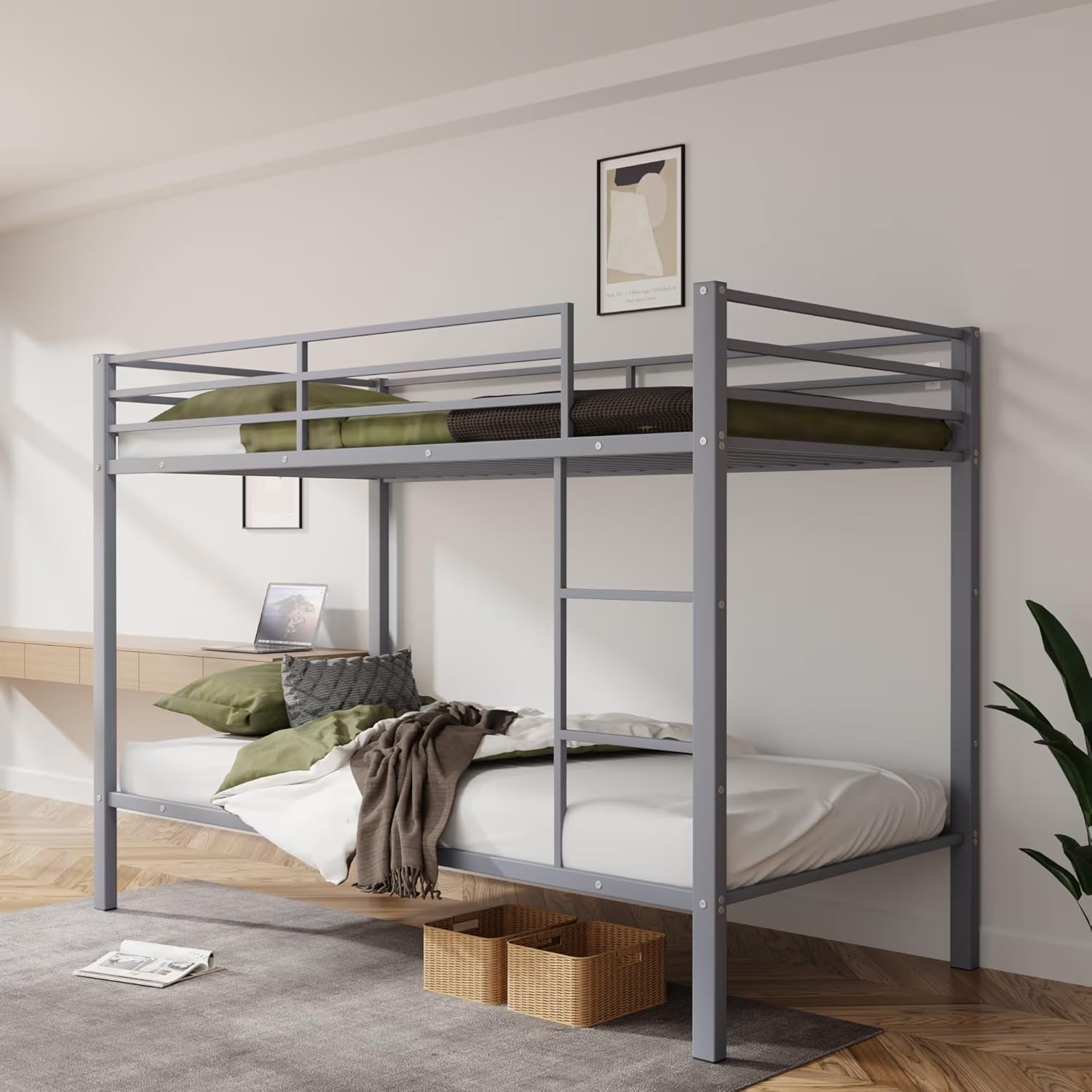 TO'GO HI Twin Over Twin Bunk Bed for Adults & Kids - Heavy Duty Metal Bunk Bed Frame with Ladder & Safety Rails, Noise-Free Sturdy Steel Slats, No Box Spring Needed, Space-Saving Gray Dorm Bed