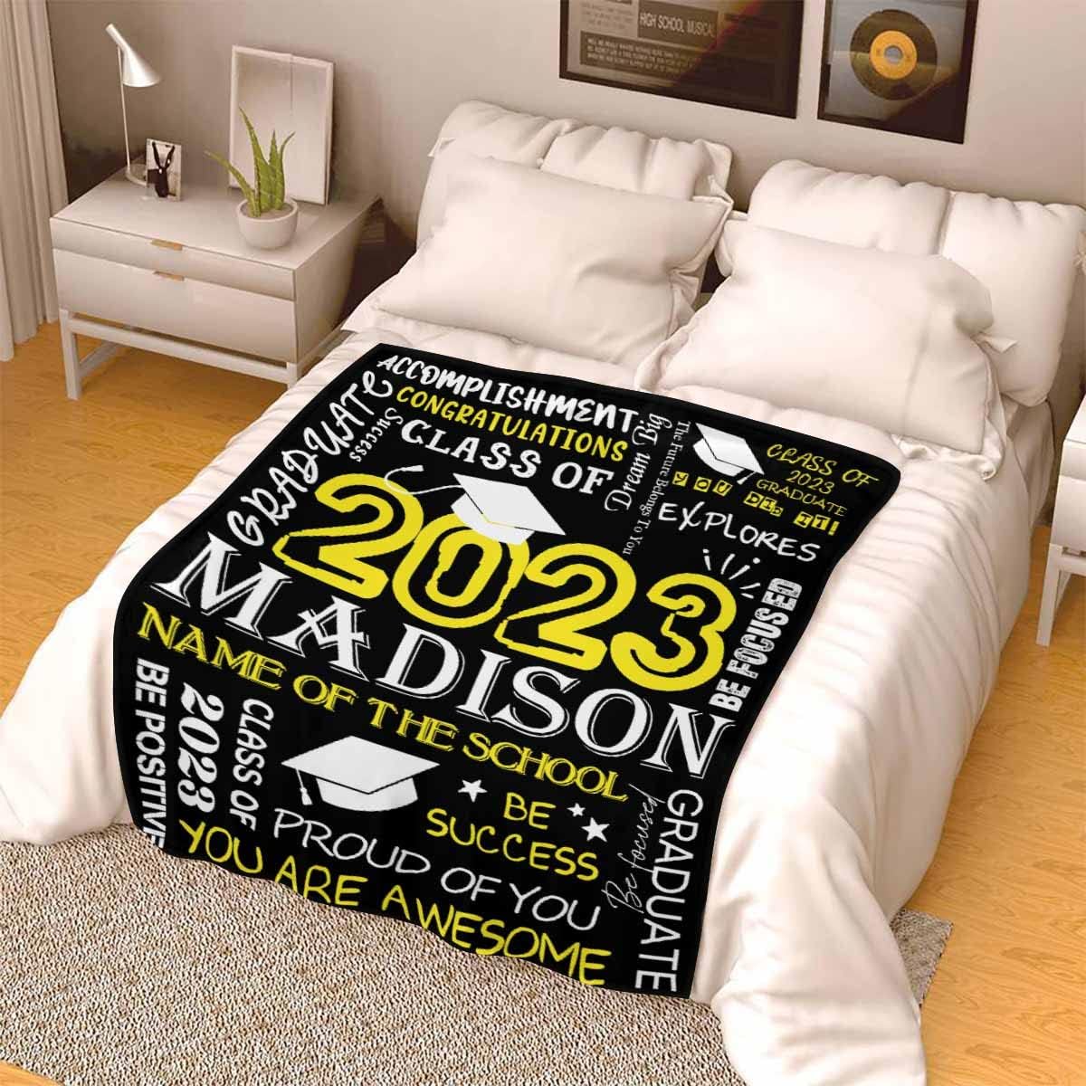 LOSARON Custom Blanket for Graduation Gift Congratulations Class of 2023 Yellow Black Blanket Personalized Fleece Throw Blanket 2023 for Sister BFF Daughter Son Bedroom 50x60