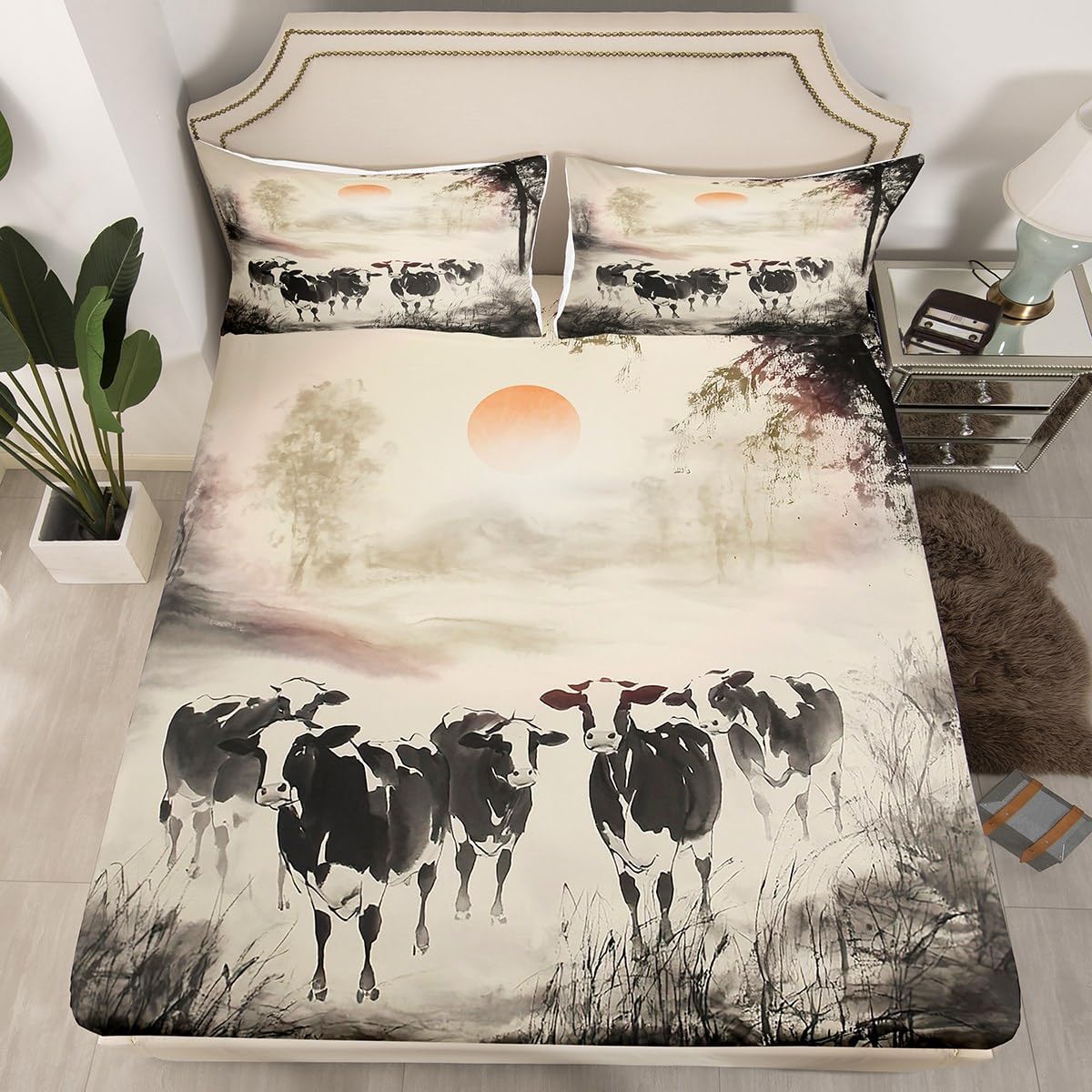 jejeloiu Milk Cow Bed Sheets Set Animal Fitted Sheet for Kids Boys Girls Room Decor Farmhouse Bedding Set Twin Size Black and White 3Pcs