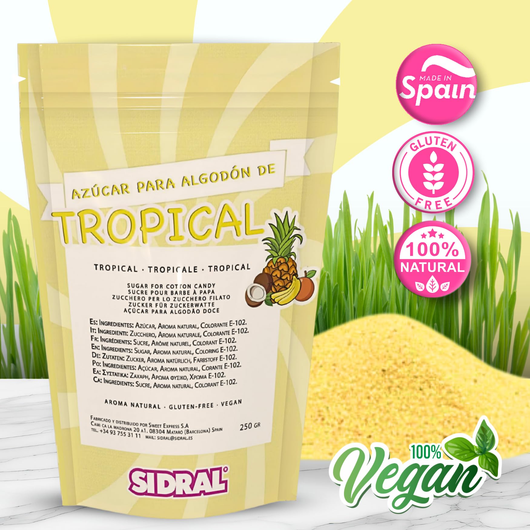 SIDRAL - Sucre Barbe à Papa pour machine - Arômes et Colorants Naturels - Lot de 3 x 250GR (Fraise - Framboise - Tropicale) poudre barbapapa + 50 Bâtonnets recyclables pour dégustation