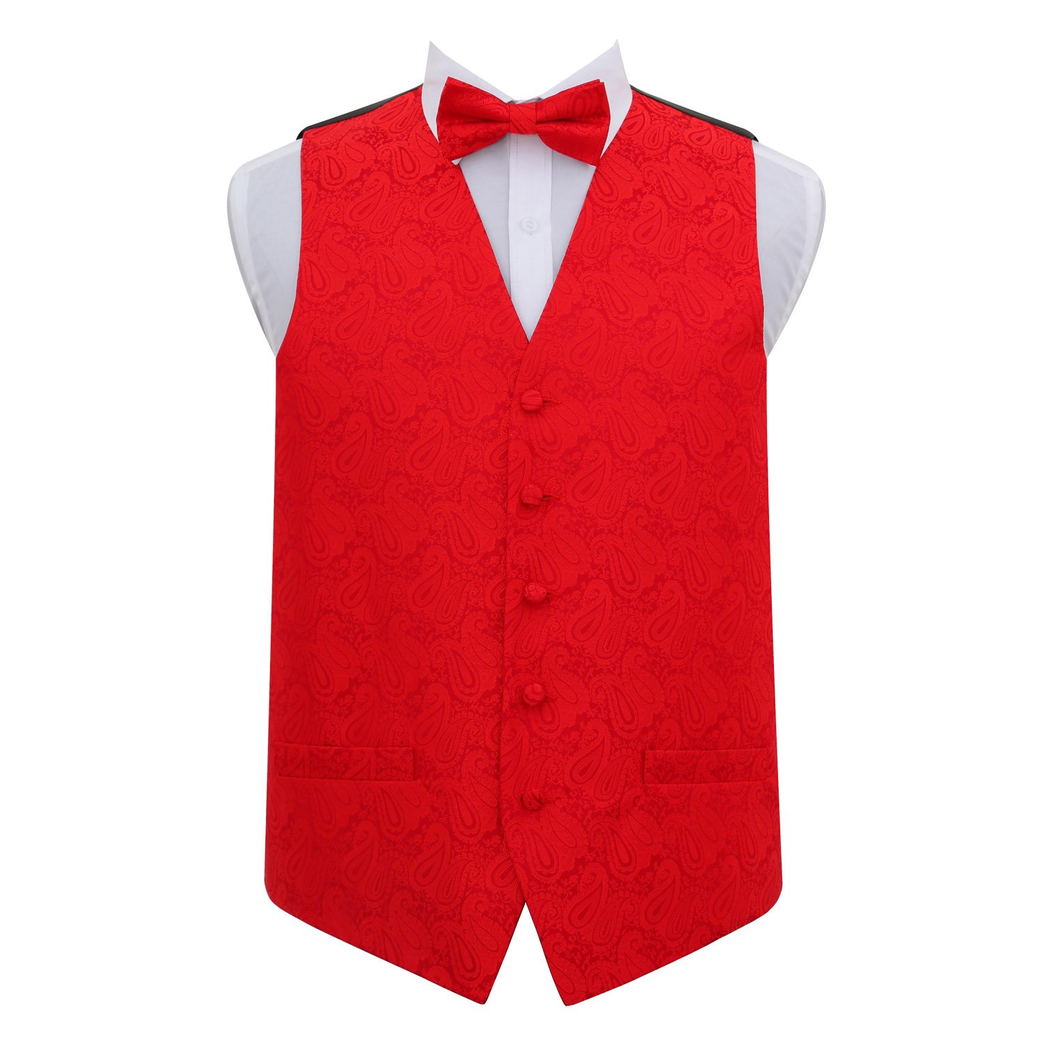 DQT Men’s Paisley Floral Wedding Waistcoat Vest & Bow Tie Set – Groom Formal Suit – Red 48" (4XL)