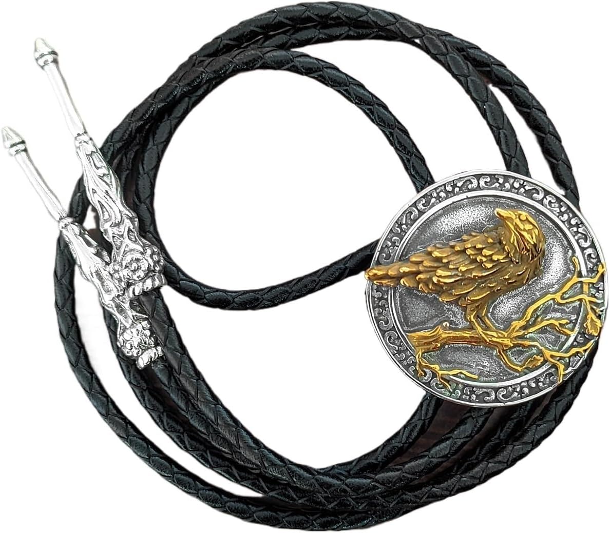 Two-Tone Crow on Branch Bolo Tie for Men & Women, Gold & Silver Steel Pendant, Adjustable Leather Cord, Gothic Wildlife Accessory