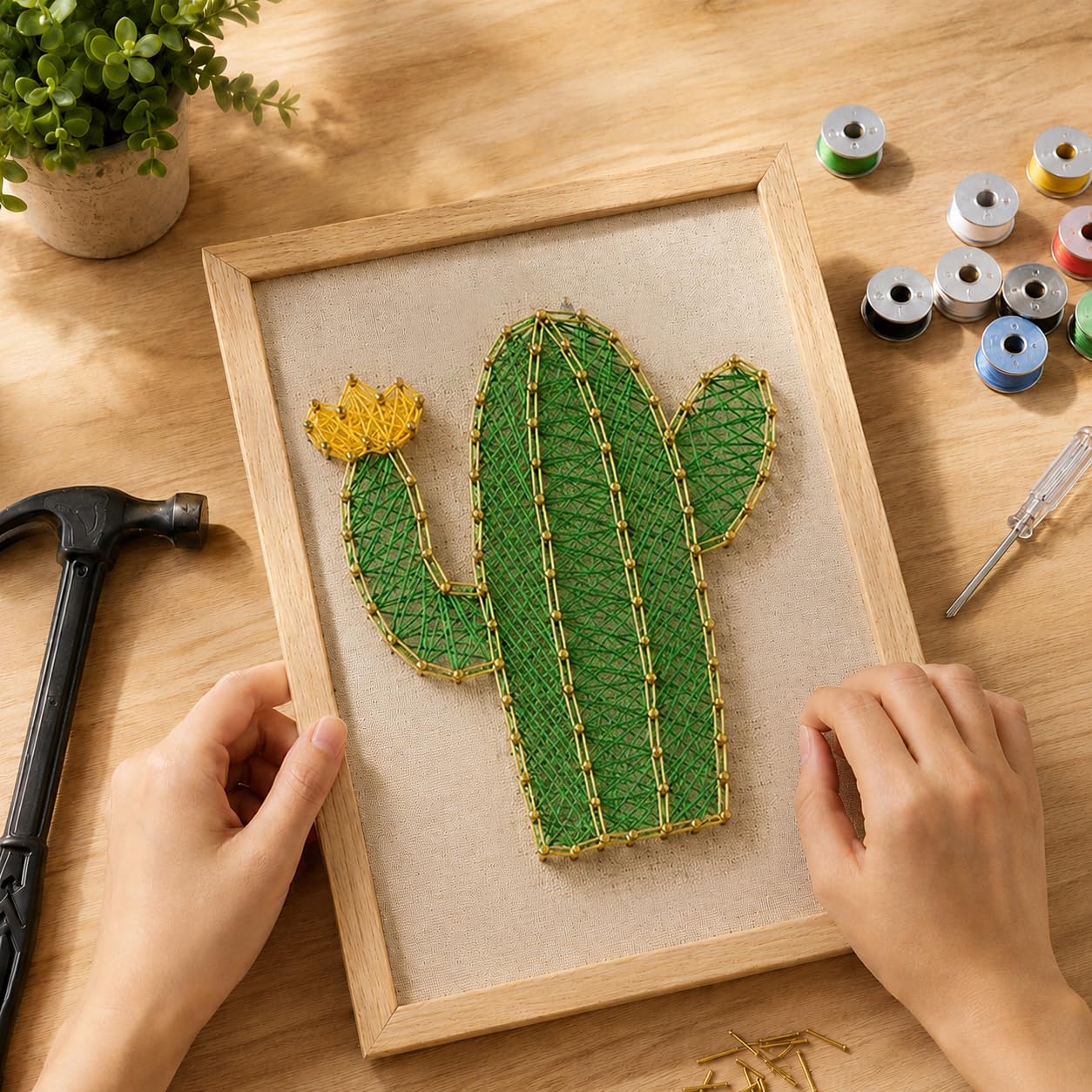 FunSpace Manualidades con Hilo y Clavos con Bastidor y Todos los Accesorios Necesarios para Niños, Adultos, Estudiantes - Decoración de Pared para el Hogar - Regalo Único (Cáctus)