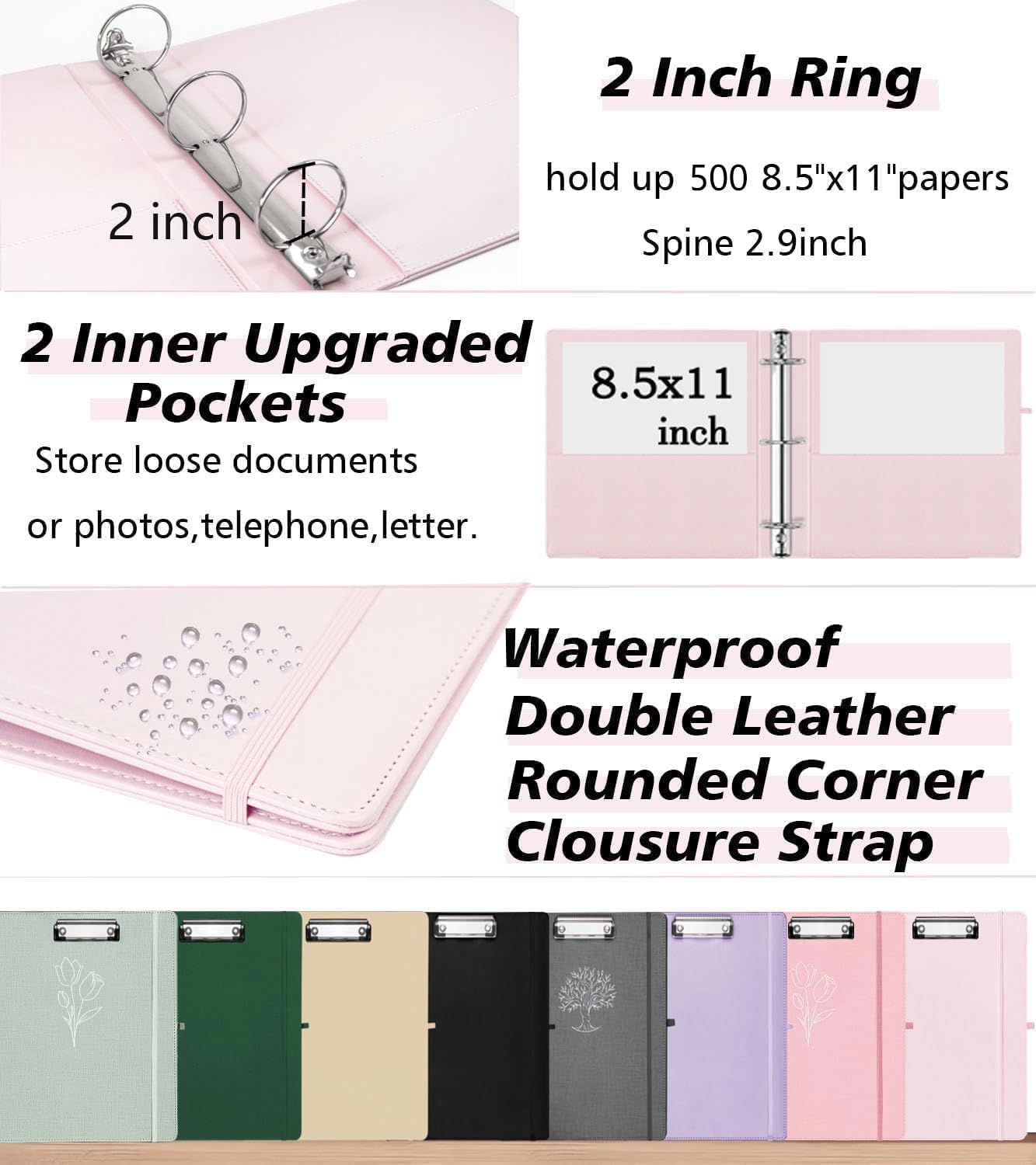 Leather 3 Ring Binder, 2 Inch Binders with Clipboards, 5-Tabs Pockets Dividers, 18 Divider Stikers, Plastic Folder, Pen Holder, Three Ring Binder with Pen Holder(Pink, Letter Size)