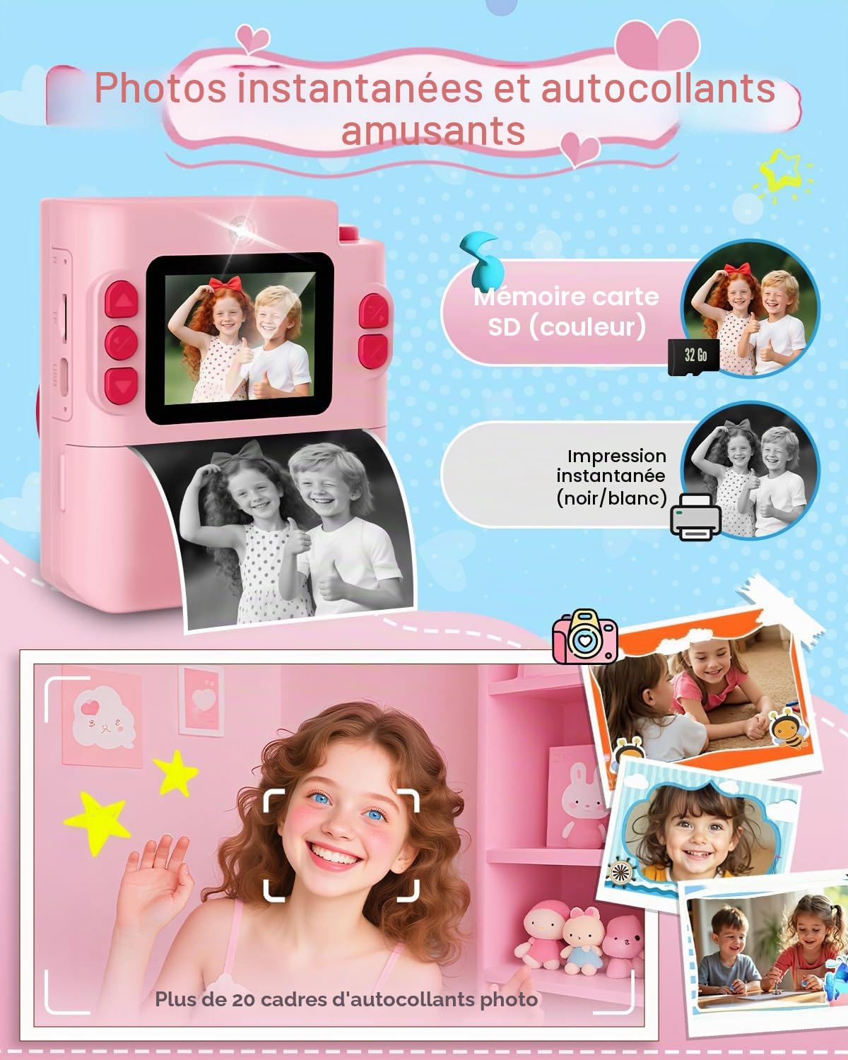 Appareil Photo Instantané Enfants, 1080P Appareil Photo Numérique Enfant & Caméra Vidéo avec Carte de 32GB & Papier d'impression, Noël & Anniversaire Cadeaux pour Garçons/Filles de 3-12 Ans