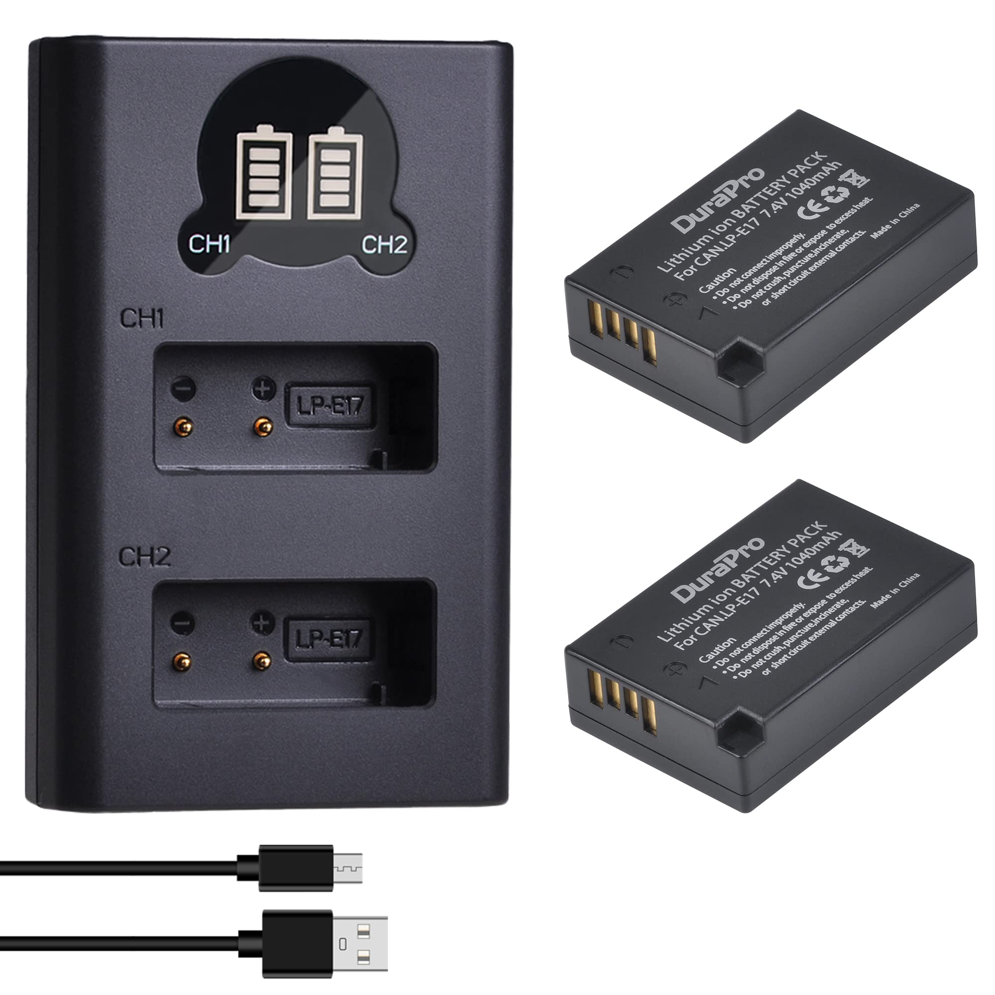 DuraPro Lot de 2 Batteries LP-E17 + Double Chargeur LCD USB avec Port de Type C pour appareils Photo numériques Canon EOS M3 M5 M6 200D 250D 750D 760D 800D Rebel T6i T6s 8000D 9000D