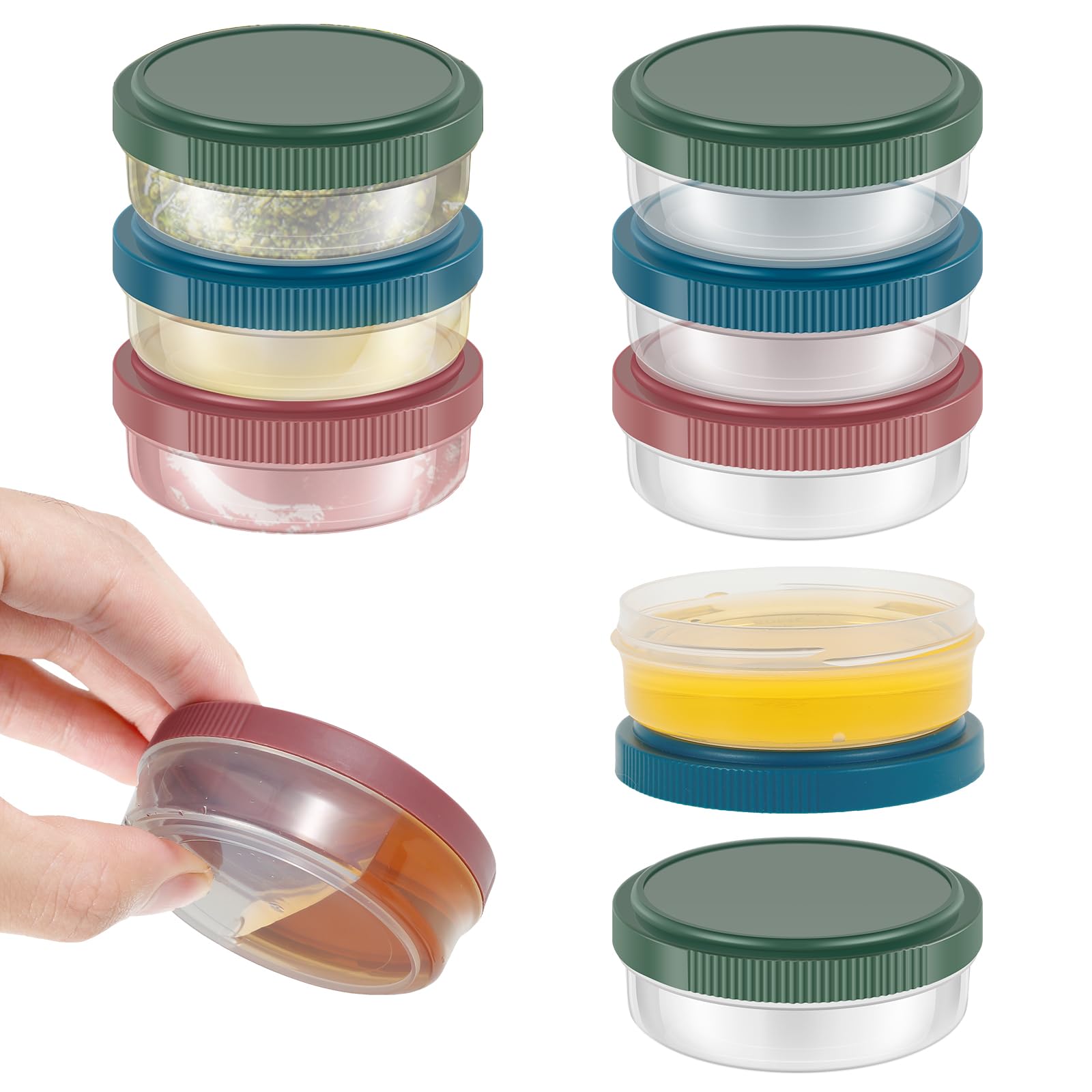 Hzuizxyo Red/Blue/Green 9 Pcs Salad Dressing Container To Go, Dipping Container 50Ml Or 75Ml Small Plastic Condiment Containers Cups With Lids Reusable Round Meal Prep For Snack Dips Salad Spices (50Ml)