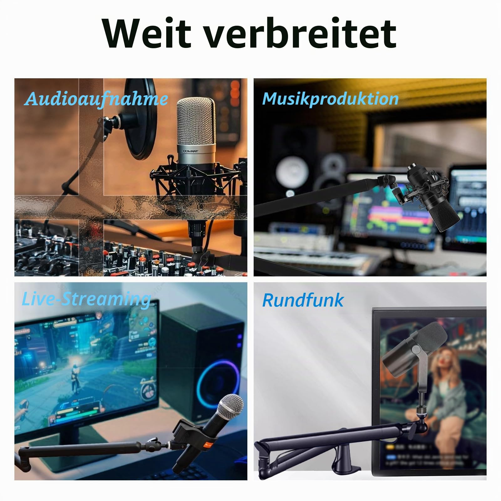 Mikrofon-Boomarm, flaches Mikrofonarm-Stativ mit Tischklemme, Schraubenadapter, versteckten Kabelführungskanälen, verstellbares Mikrofonstativ für Boomstick-Mikrofone, für Podcast-, Gaming