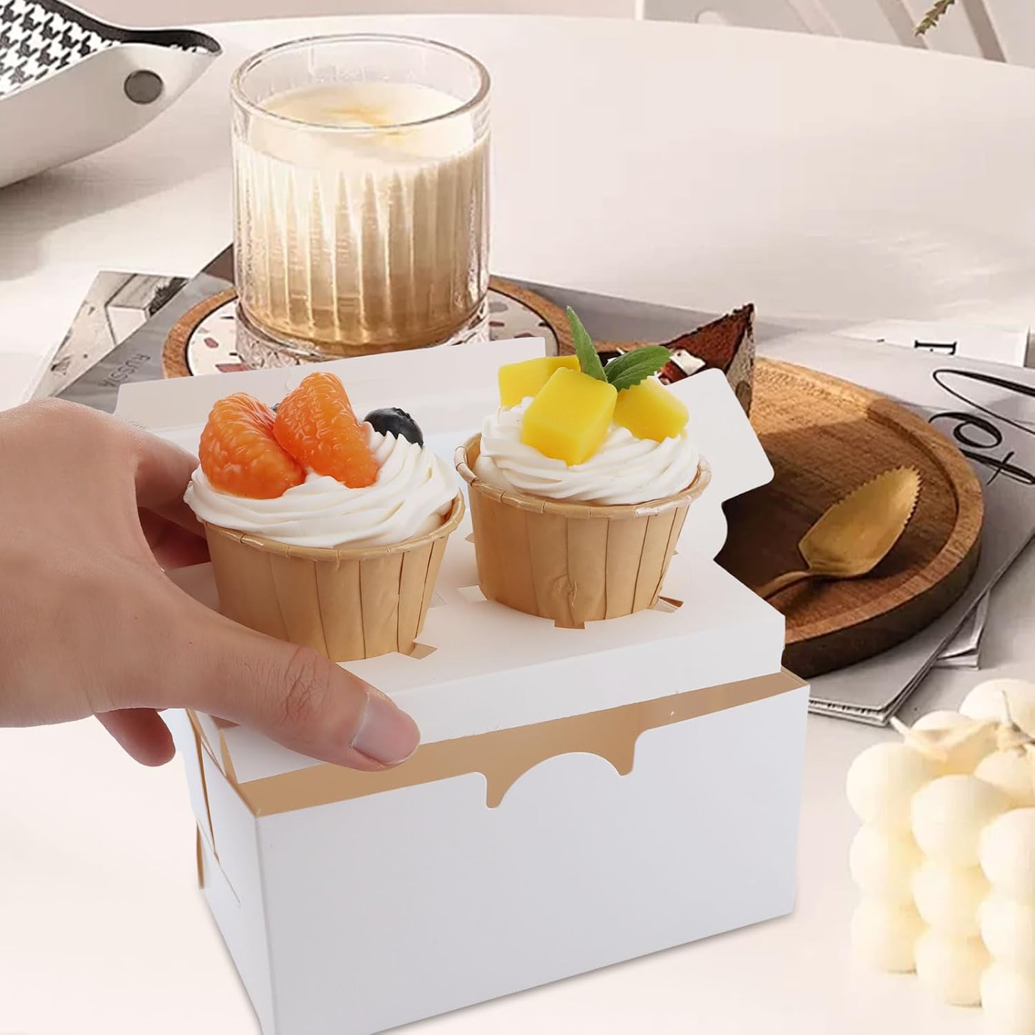 100 Pcs Cupcake Boxes and Cupcake Containers with Window, White 2-Cell Bakery Boxes, 6.3 x 3.5 x 3.0 in, Inserts for Parties Dessert Transport and Events