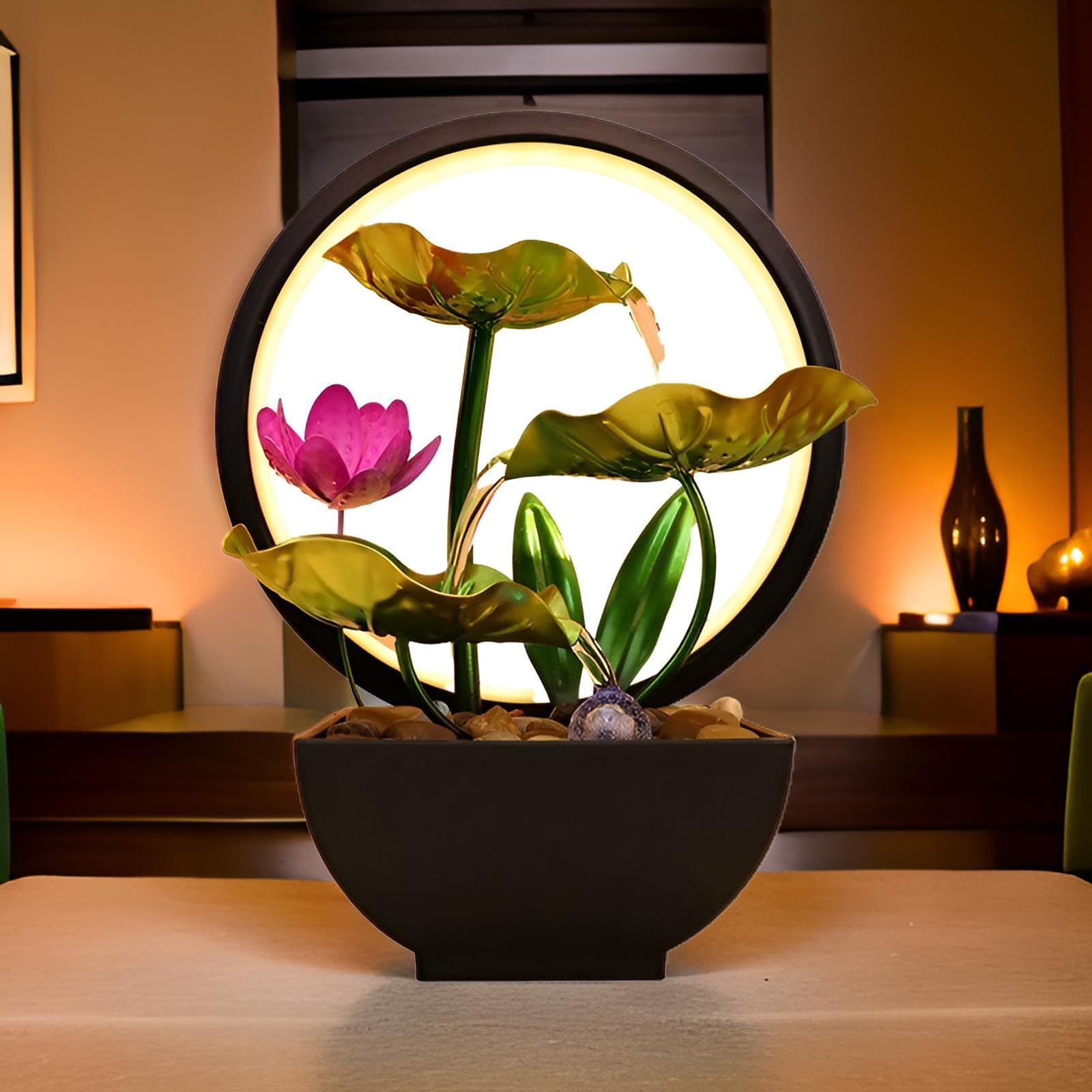 Fontana d'acqua da tavolo per interni da 25 cm, con 4 livelli di acqua fluente e 10 cristalli per meditazione, relax e buona fortuna, cerchio di luci soffuse (cartamo escl. 5 pietre))