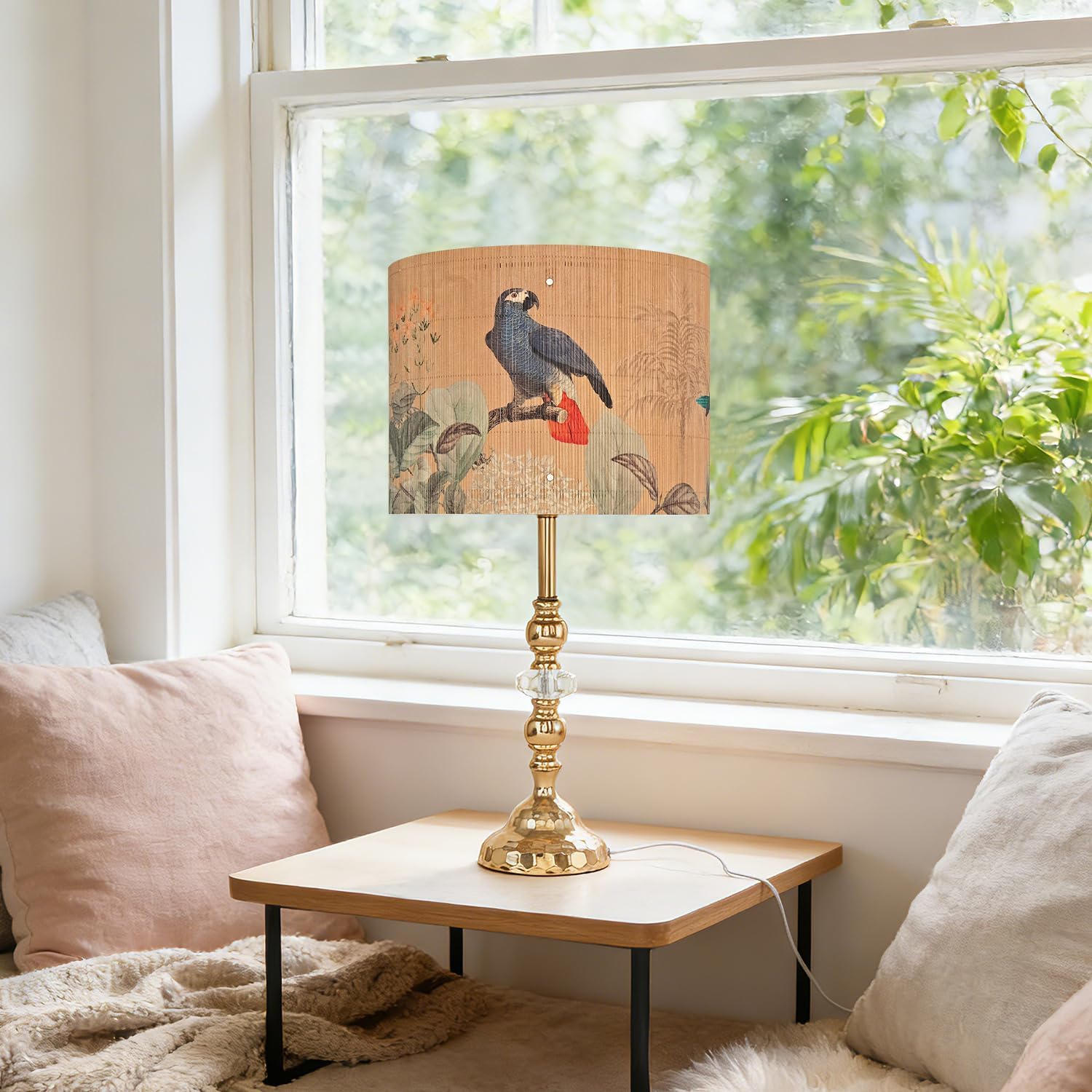 Vintage Bamboo Lamp Shade with Birds and Floral Design, Cylindrical Shape, 30x23cm, Compatible with Table and Floor Lamps (Art Deco A)