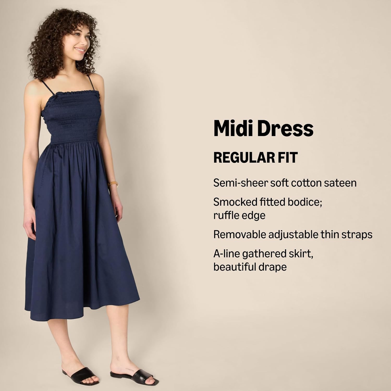 Amazon Essentials Women's Regular-Fit Cotton Sateen Smocked Bodice Midi Dress - Image 2