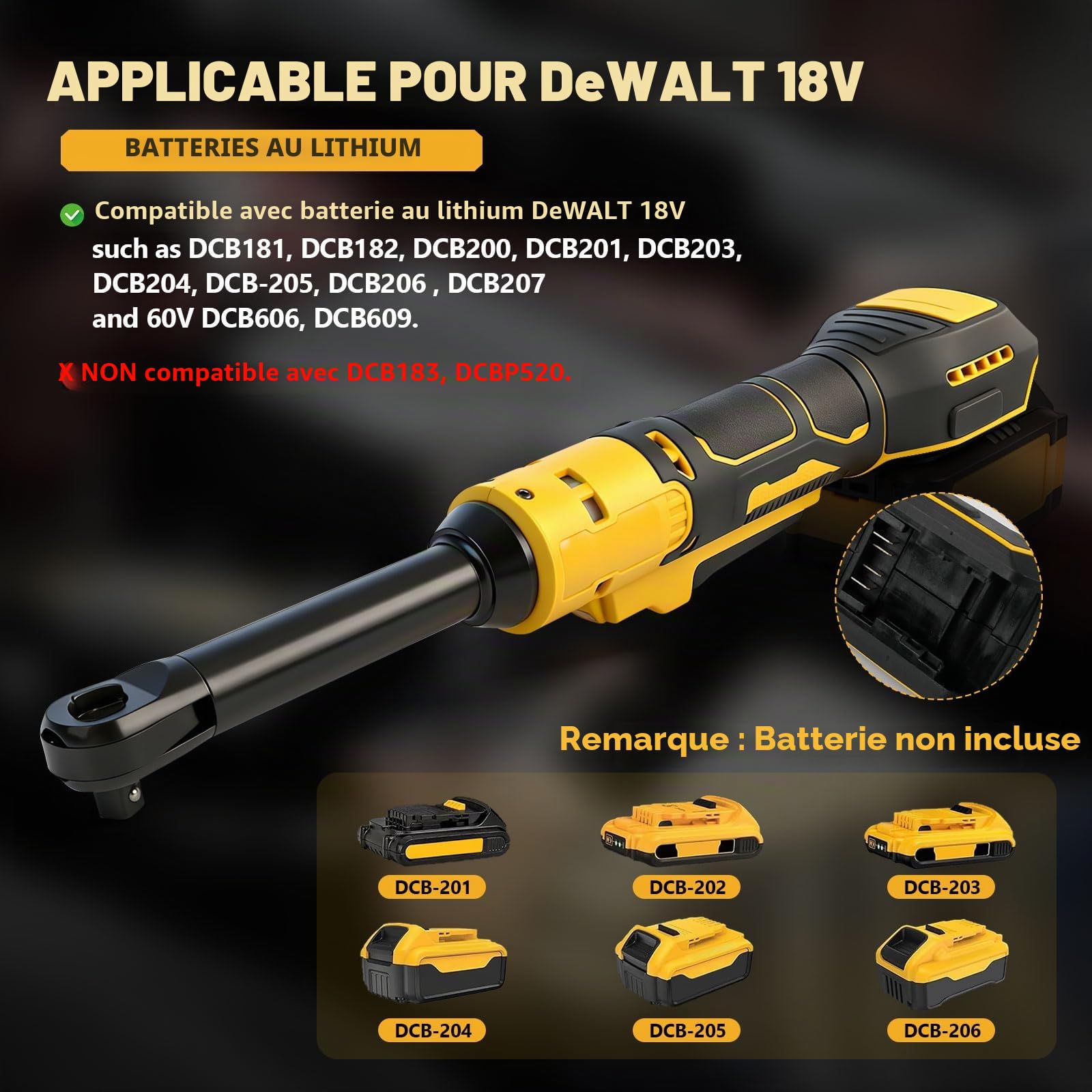Clé à cliquet sans fil pour Dewalt 18 V 20 V, 3/8" (3/8") - Entraînement électrique à tige de 16 cm de long - Avec lumière LED - 300 tr/min - 80 Nm - Pas de batterie