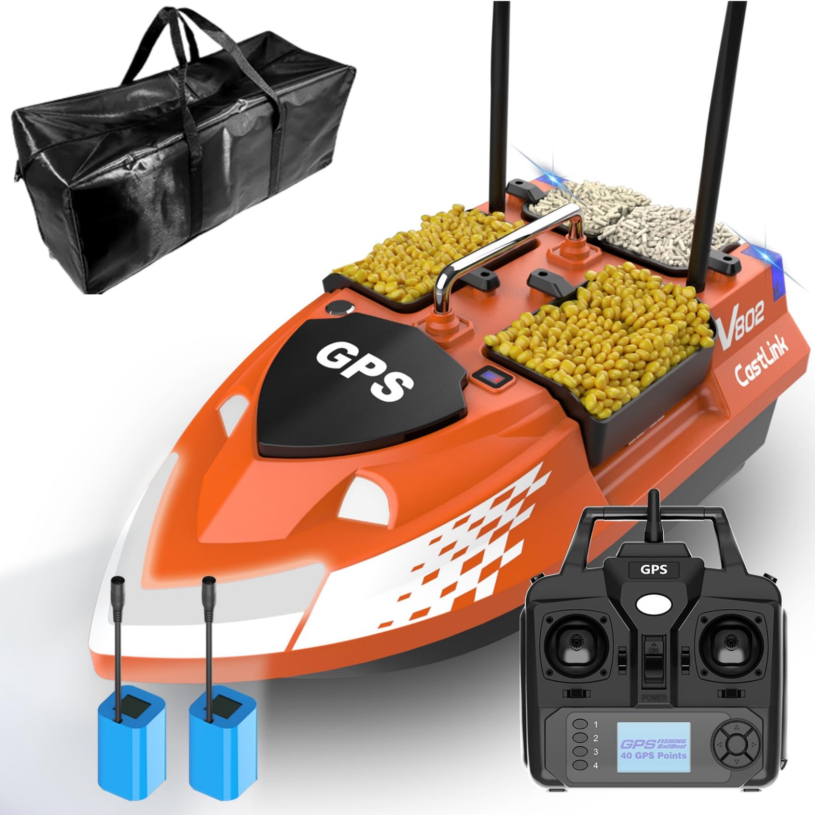 DYJD Dual Antenna GPS Bait Boat for Carp Fishing - 500M Range, 3KG Load, 4 Hoppers, Remote Controlled Feeding Boat with Storage Bag (Orange)