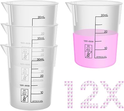 12PCS Mini Plastic Beakers, Vol.30ml1.01oz Stackable Measuring Cup with Black Scale line, Plastic Pitcher PP material Ideal for Science Activities and Household Use, LVB010