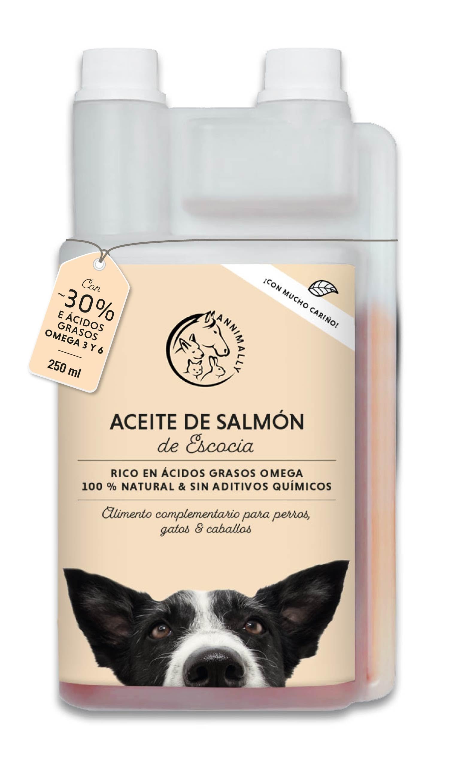 Annimally Aceite de Salmón Escocés para Perros, Gatos y Caballos 1 Litro - con 30% de Ácidos Grasos Omega 3 y 6 - Aceite de Pescado para Dieta Barf - Producto Natural Puro