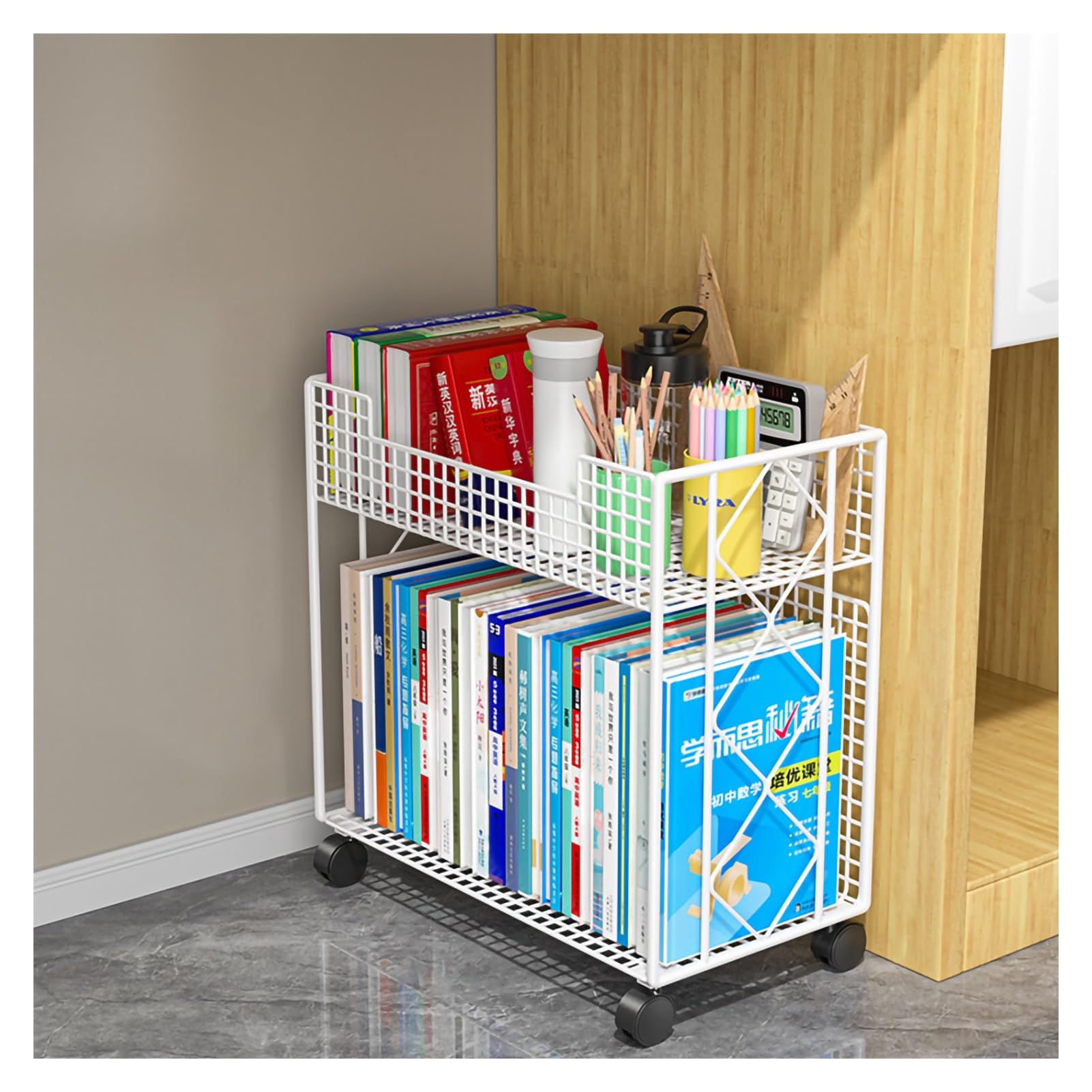 Libreria mobile in metallo con ruote per bambini libreria a doppia faccia ideale per lo studio degli studenti, perfetta per camera da letto, soggiorno, casa, scuola, espositore con design aperto