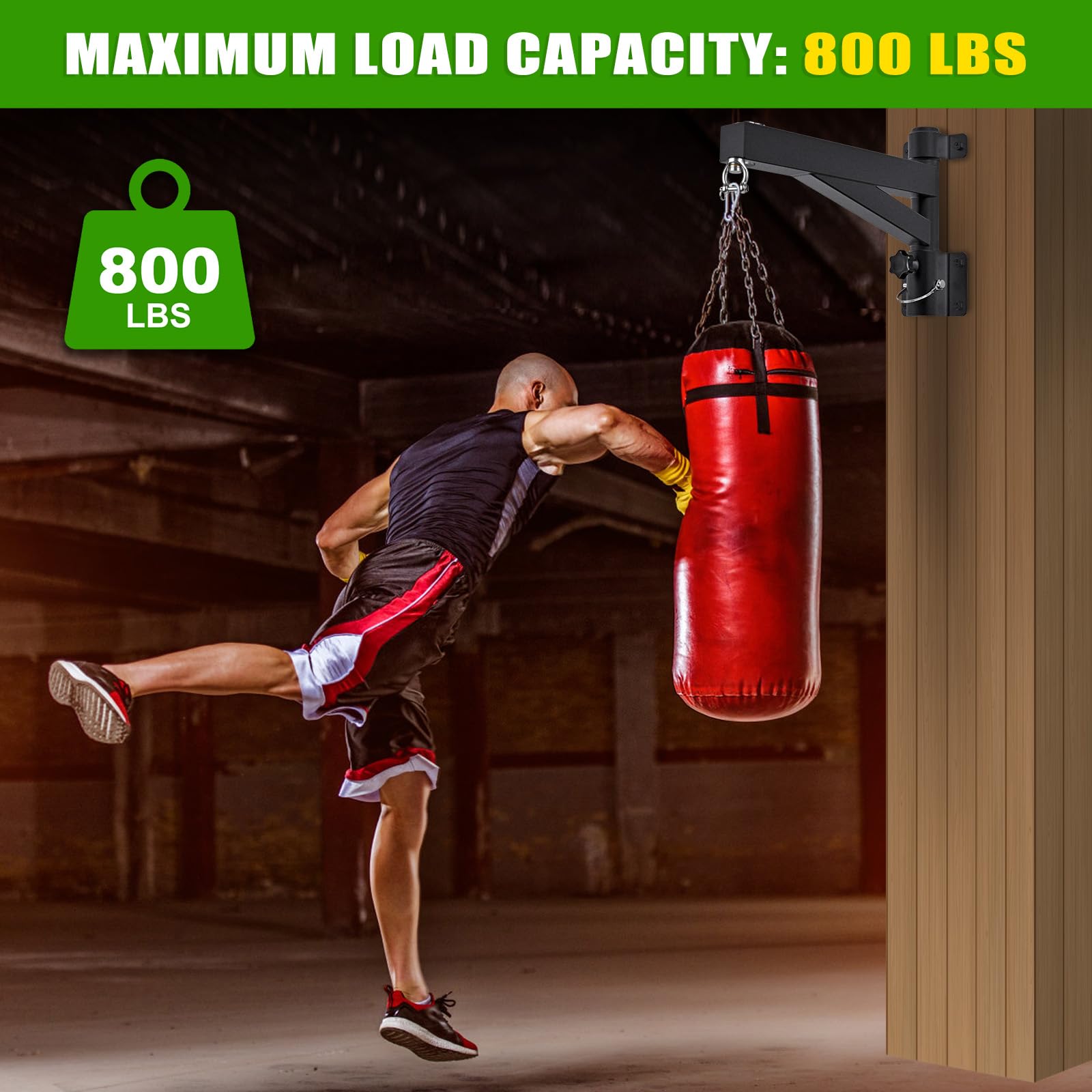 Kipika Support mural pour sac de frappe lourd de 61 cm, capacité de 362,9 kg avec support rotatif à 360° et design pliable, support de sac de frappe pour boxe, muay thai, sac de vitesse MMA et