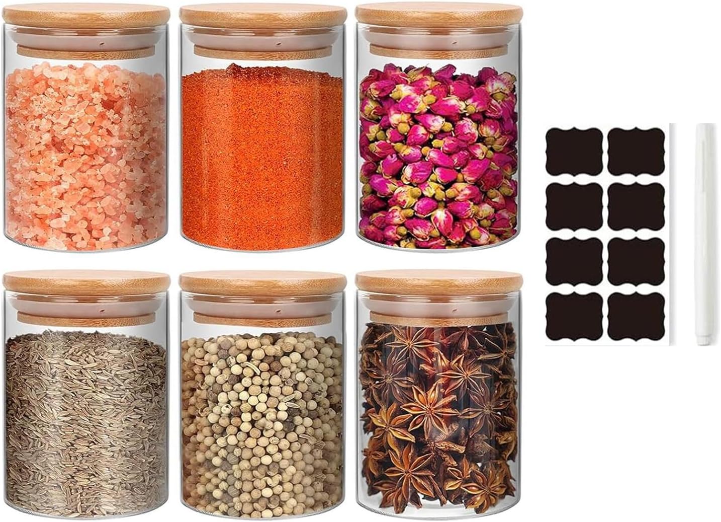 KUAIJI 6 Pack 9.47 oz(280 ML) Glass Jars Wooden Airtight Lids and Labels, Food Cereal Storage Large Spice Containers for Home Kitchen Tea Coffee Flour Herbs Grains (6-Pack280 ML)