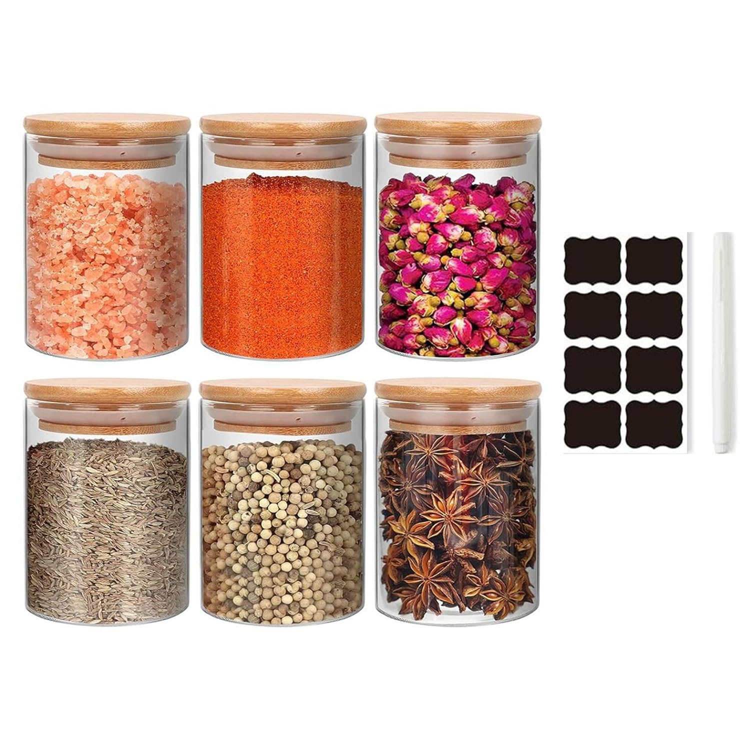 KUAIJI 6 Pack 9.47 oz(280 ML) Glass Jars Wooden Airtight Lids and Labels, Food Cereal Storage Large Spice Containers for Home Kitchen Tea Coffee Flour Herbs Grains (6-Pack280 ML)