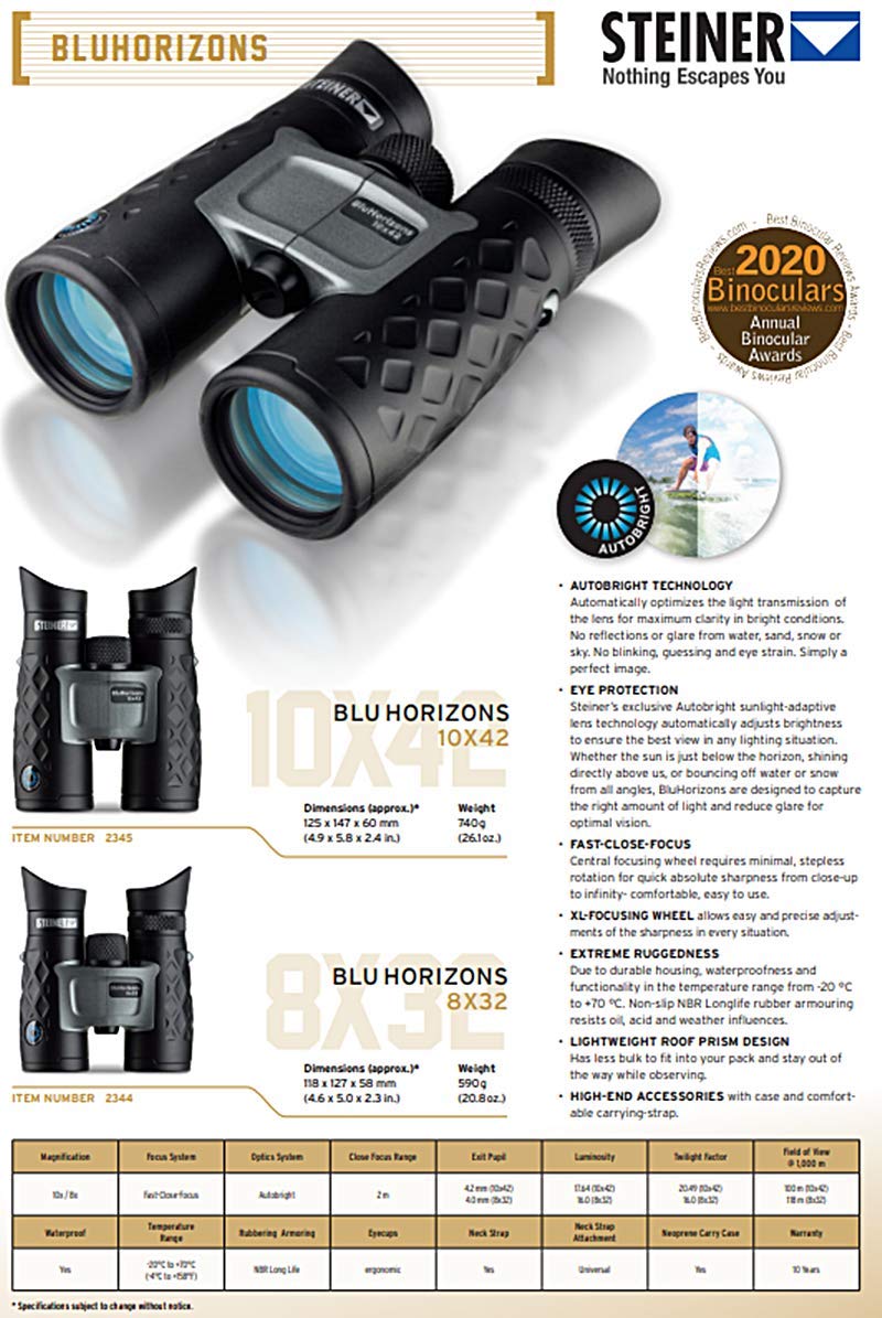 Steiner BluHorizons 10x42 Binocolo Con Tecnologia AutoBright, Antiriflesso, Impermeabile, Leggero, Per Esterno E Sport