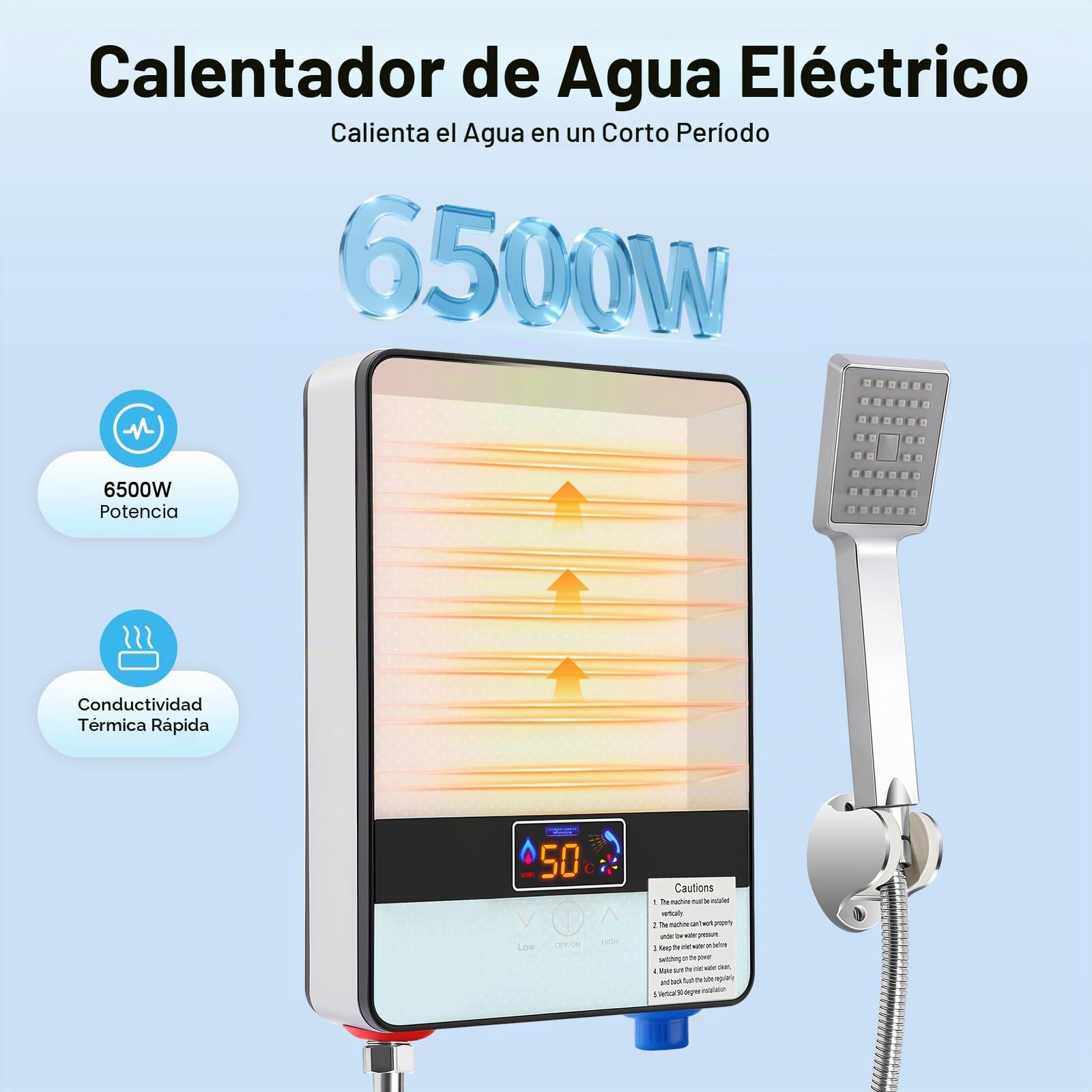 Calentador de agua instantáneo de 6500 W, calentador de agua eléctrico con pantalla LED táctil e inteligencia de temperatura constante, temperatura regulable, IPX24 impermeable, incluye ducha de mano