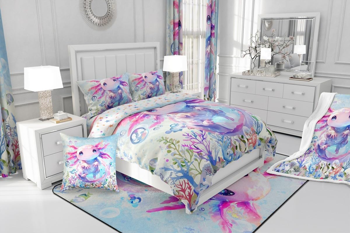 Feelyou Boys Girls Cute Axolotl Fleece Throw Blanket Ocean Sealife Plush Blanket for Bed Sofa Couch Kids Kawaii Sherpa Blanket Cartoon Salamander Teens Fuzzy Blanket Bedroom Decor Twin 60"x80"