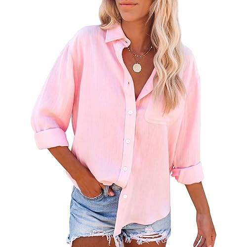 siliteelon Womens Button Down Shirts Cotton Dress Shirts Long Sleeve Blouses V Neck Solid Casual Tunics Tops with Pockets
