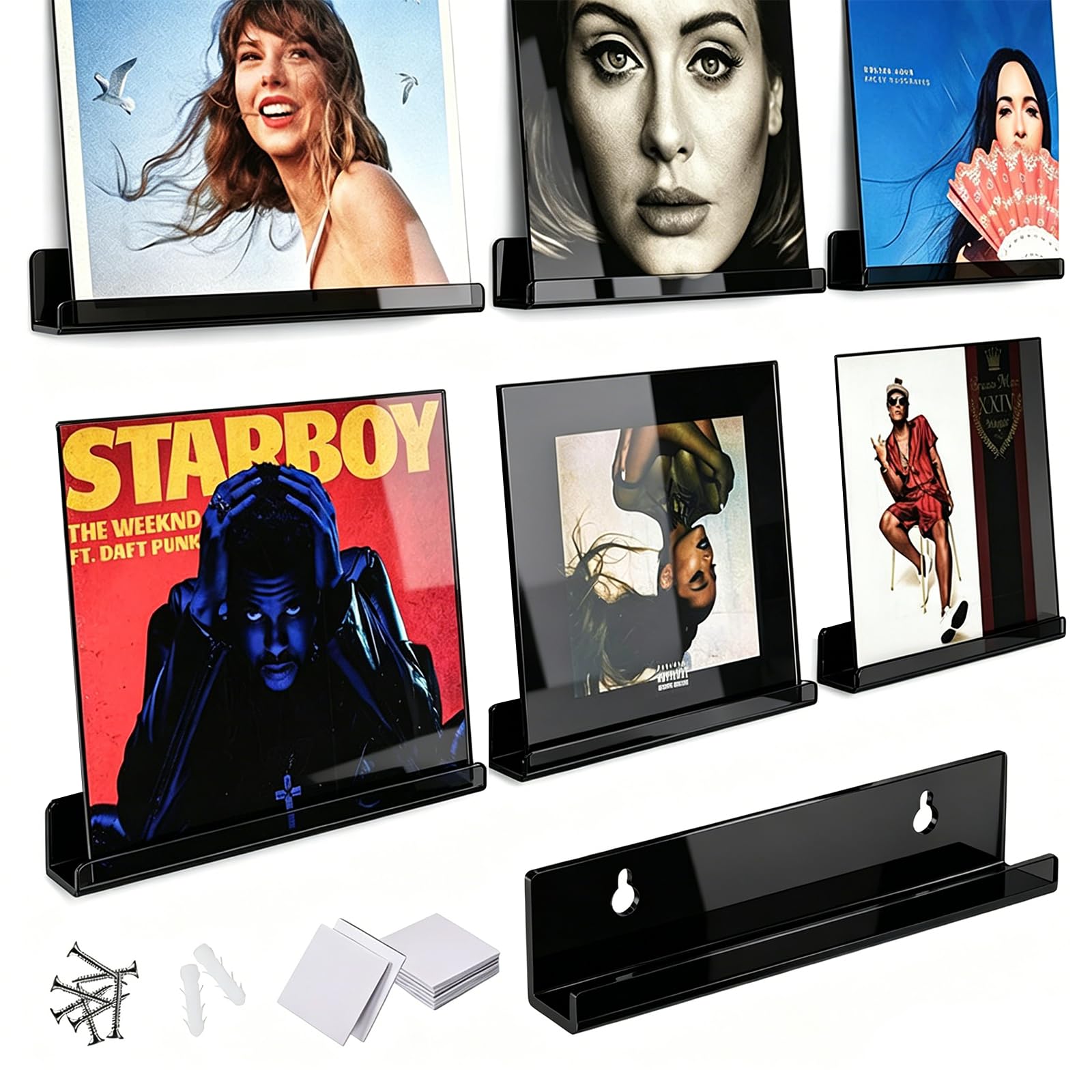 6PC black acrylic Vinyl Shelves（12in）,vinyl record wall mount for Bedroom, Living Room, Bathroom，Multi-Functional vinyl holder wall, Display for Action Figures, Books, Photo Albums, Vinyl Records