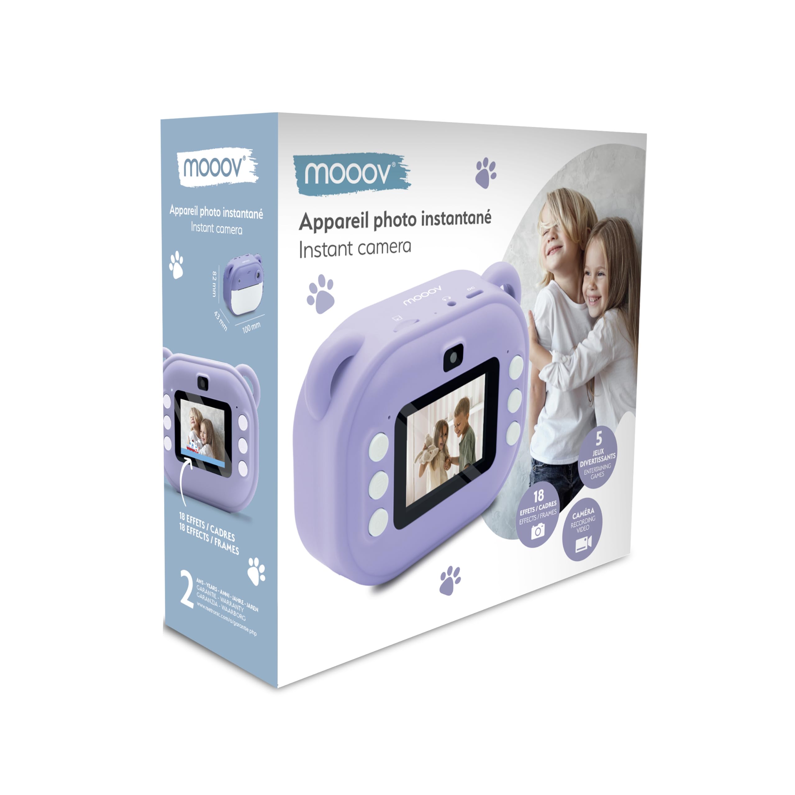 Mooov 477523 - Camara Fotos Infantil instantanea, 2,4’‘ Full HD/HD, cámara Fotos Infantil para niños y niñas, 18 Efectos/Marcos, 5 Juegos, 2 Rollos de Papel fotográfico de impresión, Lila