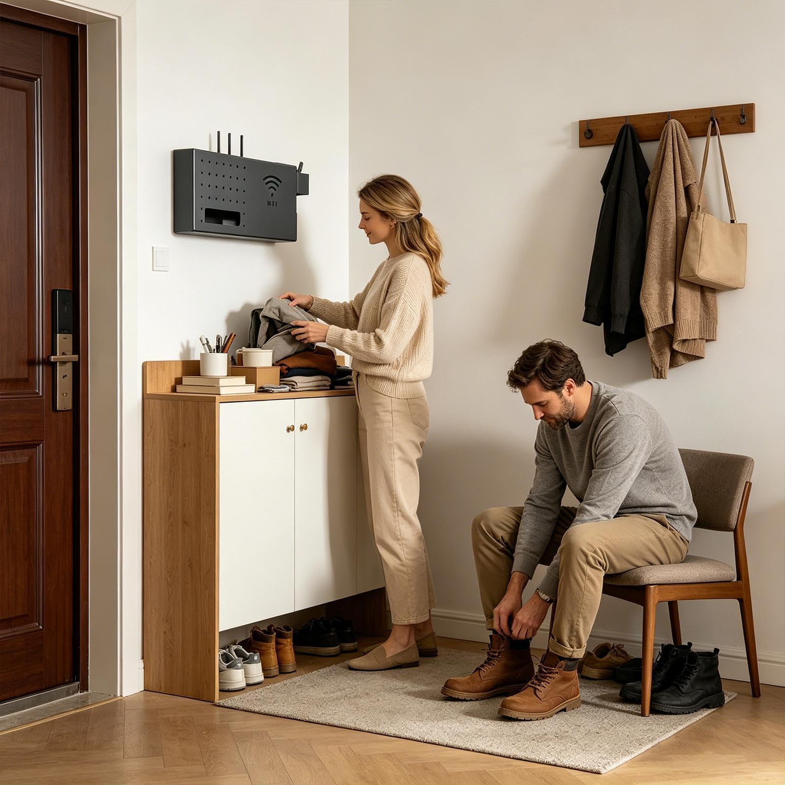 Router-Aufbewahrungsbox – Wandregal aus Karbonstahl, Wärmeableitungsschlitze, integrierte Kabelordnung, keine Bohrmontage | Schwimmende Netzwerk-Hub-Abdeckung für Wohnzimmer, Schlafzimmer, Wohnheim