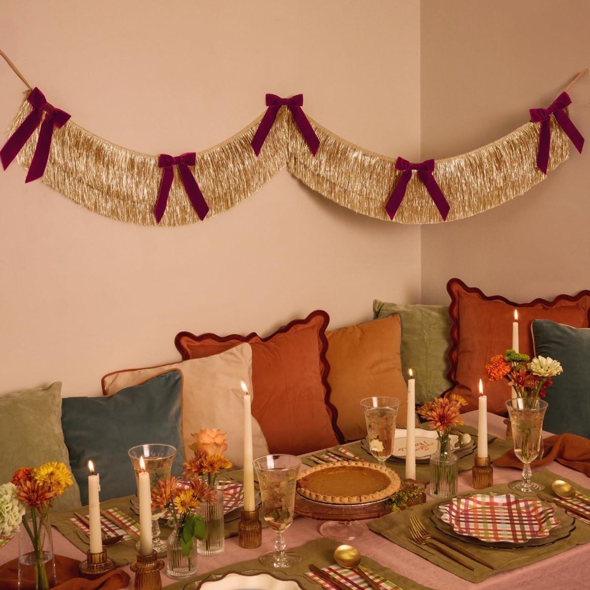 xo, Fetti Gold Fringe + Red Velvet Bow Banner 6 Ft. | Bachelorette Decoration, Christmas Party Sign, Bridal Shower Decor, Birthday Photoshoot Backdrop