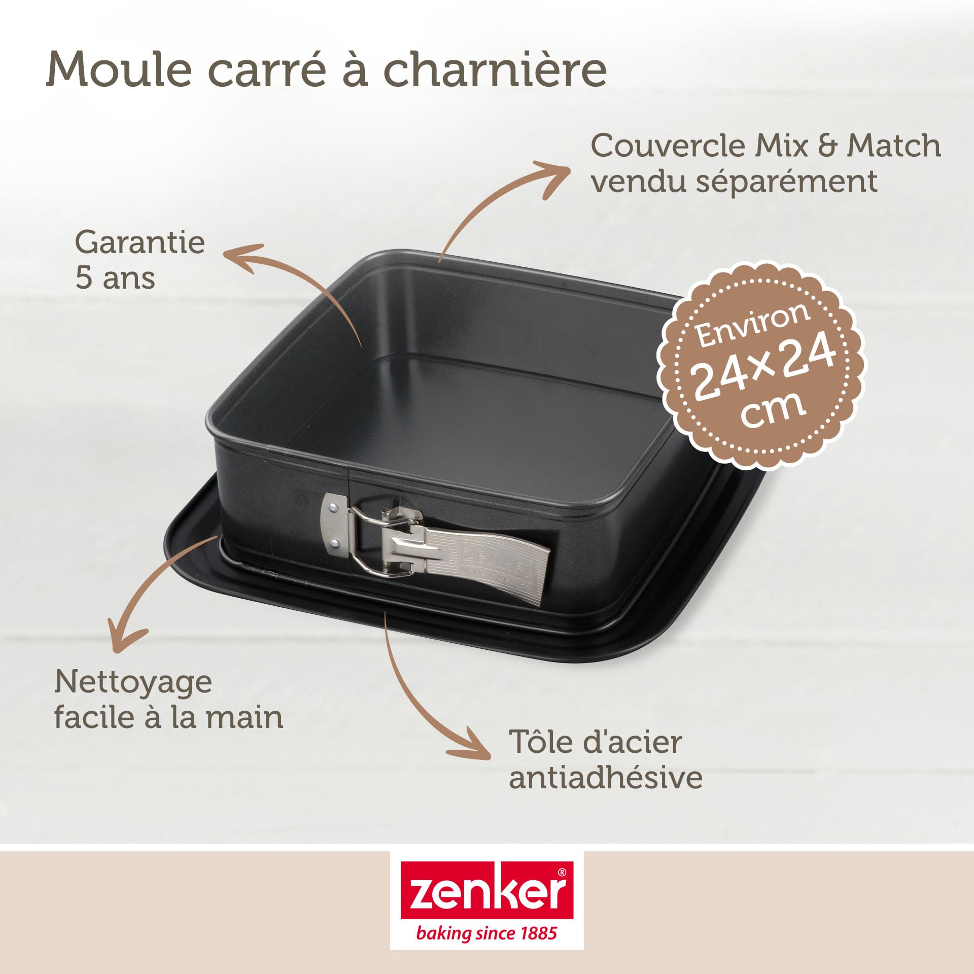 Zenker Bake, Click & Go Moule à charnière carré – 24 x 24 x 8 cm – Moule à gâteau avec couvercle vendu séparément pour un transport direct – Moule à gâteau pour la cuisson et le transport