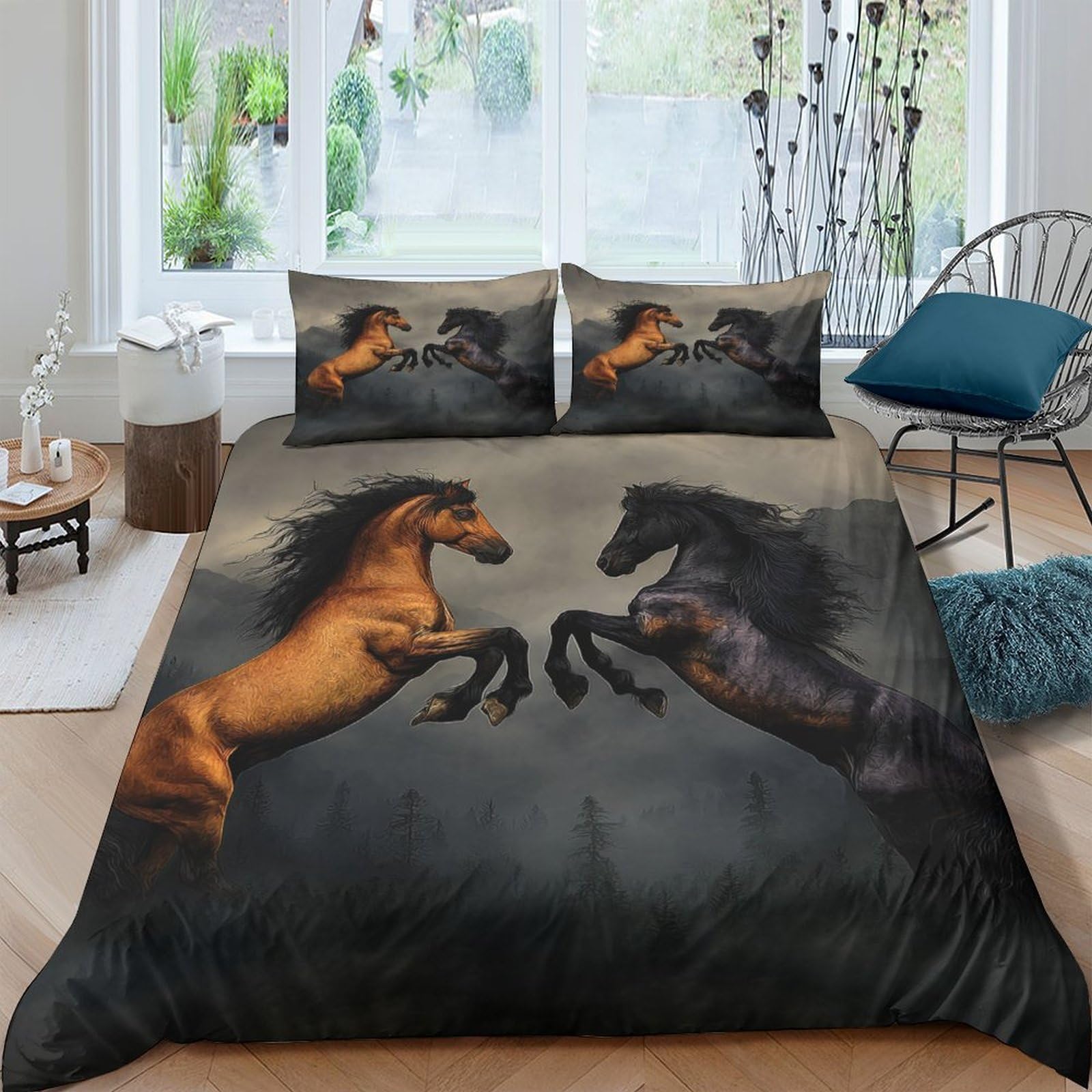 GPLZQXKJNH 3D Printed Brown Black Horse Duvet Cover Microfiber Soft Breathable Wild Stallion Bedding Set with 2 Pillowcases for Bedroom Decor Single（135x200cm）