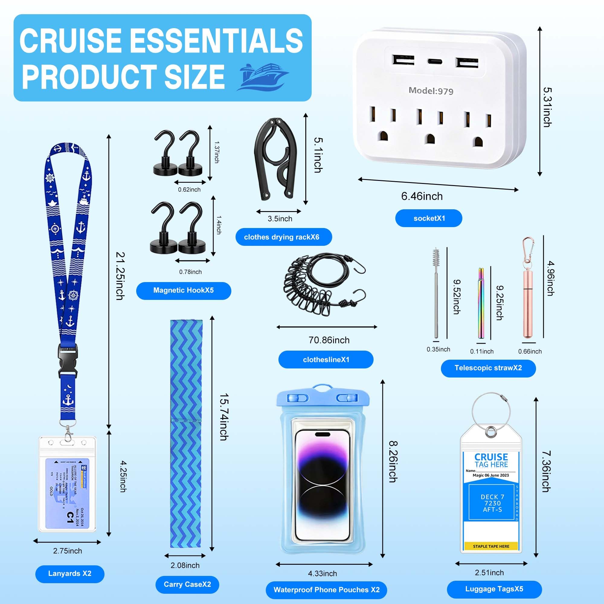 Cruise Essentials 2026, kit da crociera da 26 pezzi con protezione contro le sovratensioni, cannuccia telescopica, ganci magnetici, cordino, ganci, custodie impermeabili per telefono, filo