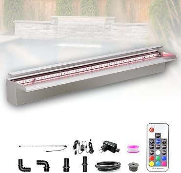 Longrun 90cm Pond Waterfall Blade Kit, 304 Stainless Steel Waterfall Feature Spillway, Outdoor Pool Fountain with 7 Colors LED Lights and Remote Control, Width 15cm