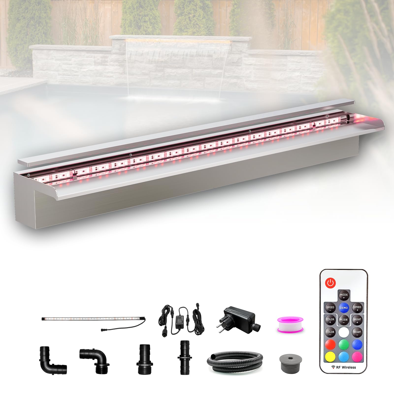 LONGRUN Kit de Cascada de Piscina de 90 cm, Fuente de Estanque de Acero Inoxidable 304, con luz LED RGB, Ancho 15 cm