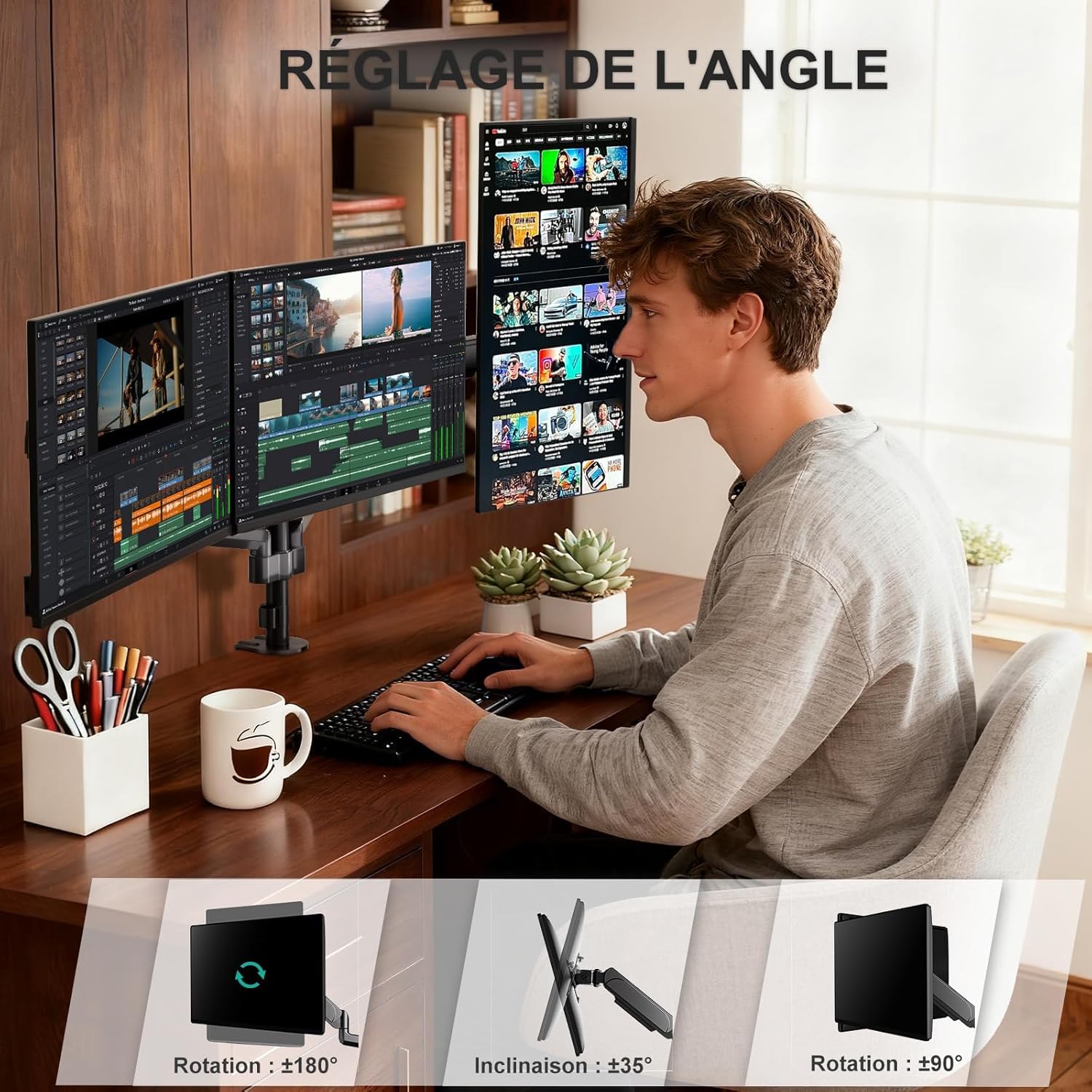 WALI Support Écran PC 3 Écran,Bras Écran PC pour Écrans Jusqu'À 32 Pouces,Pied Écran Réglable en Hauteur, VESA 75 Et 100mm,Capacité De Charge 8kg (GSDM003),Noir